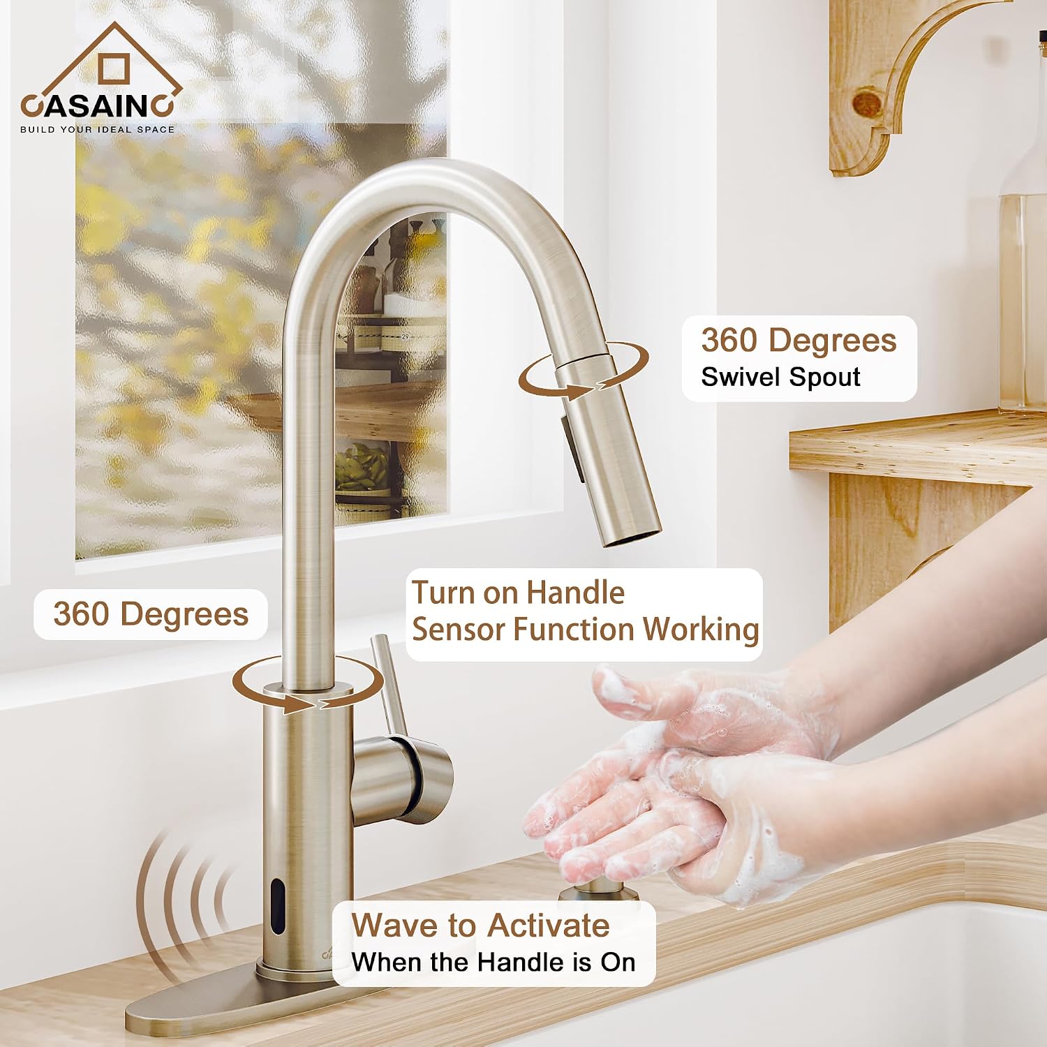 CASAINC Kitchen Faucet with Pull Down Sprayer Brushed Nickel, 1.8 gpm 16.89in H Touchless Motion Sensor Single Handle Kitchen Sink Faucet, Lead-Free Copper for Bar/Laundry/Kitchen Sink