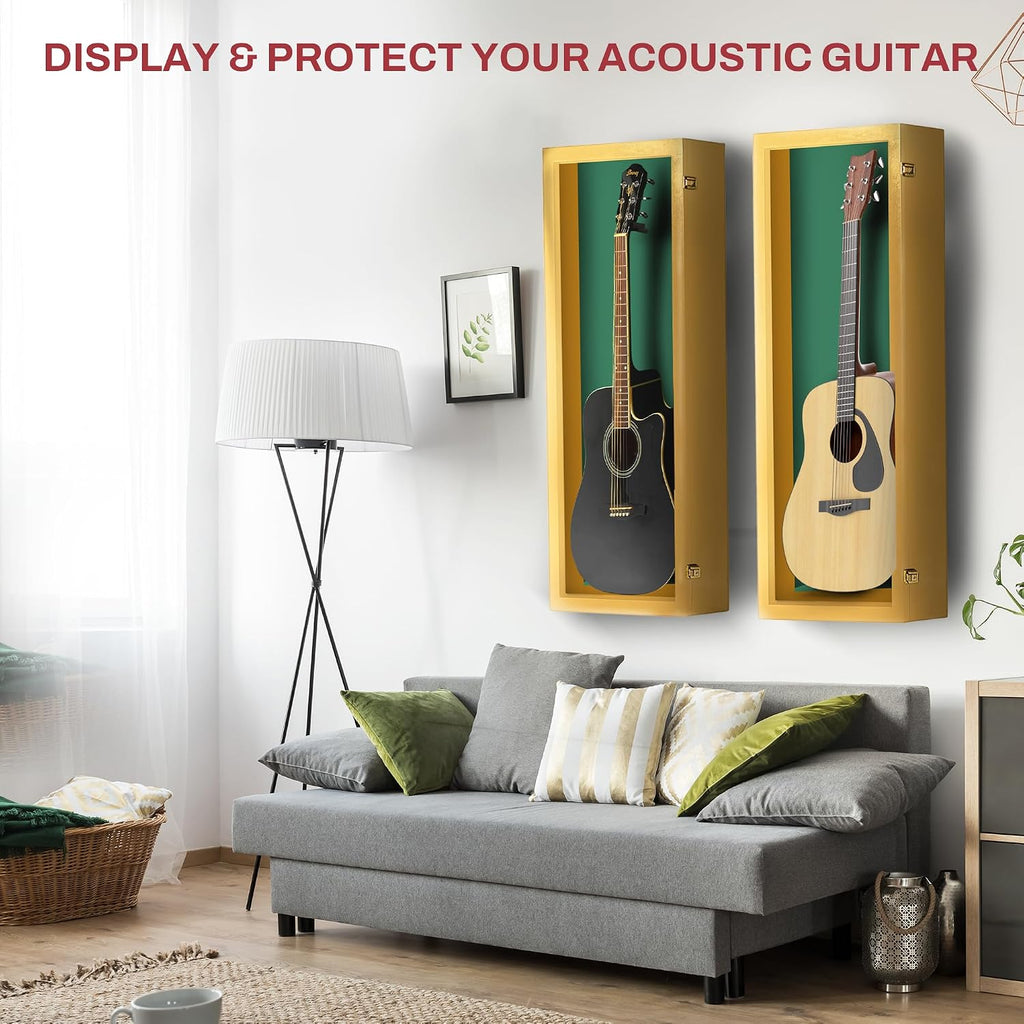 PENNZONI Acoustic Guitar Display Case - Acrylic Acoustic Guitar Case - Guitar Display Case Wall Mount Made from Hardwood Frame & Clear Acrylic - Golden Oak w/Felt Green