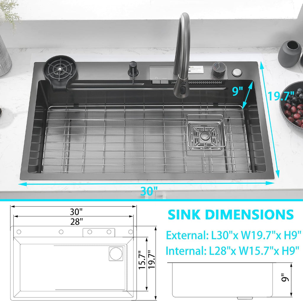 30' x 19.7' Black-Gray Waterfall Kitchen Sink, Drop In Stainless Steel Modern Single Bowl Sink with Pull-Out Spray Faucet, Cup Washer & Accessories