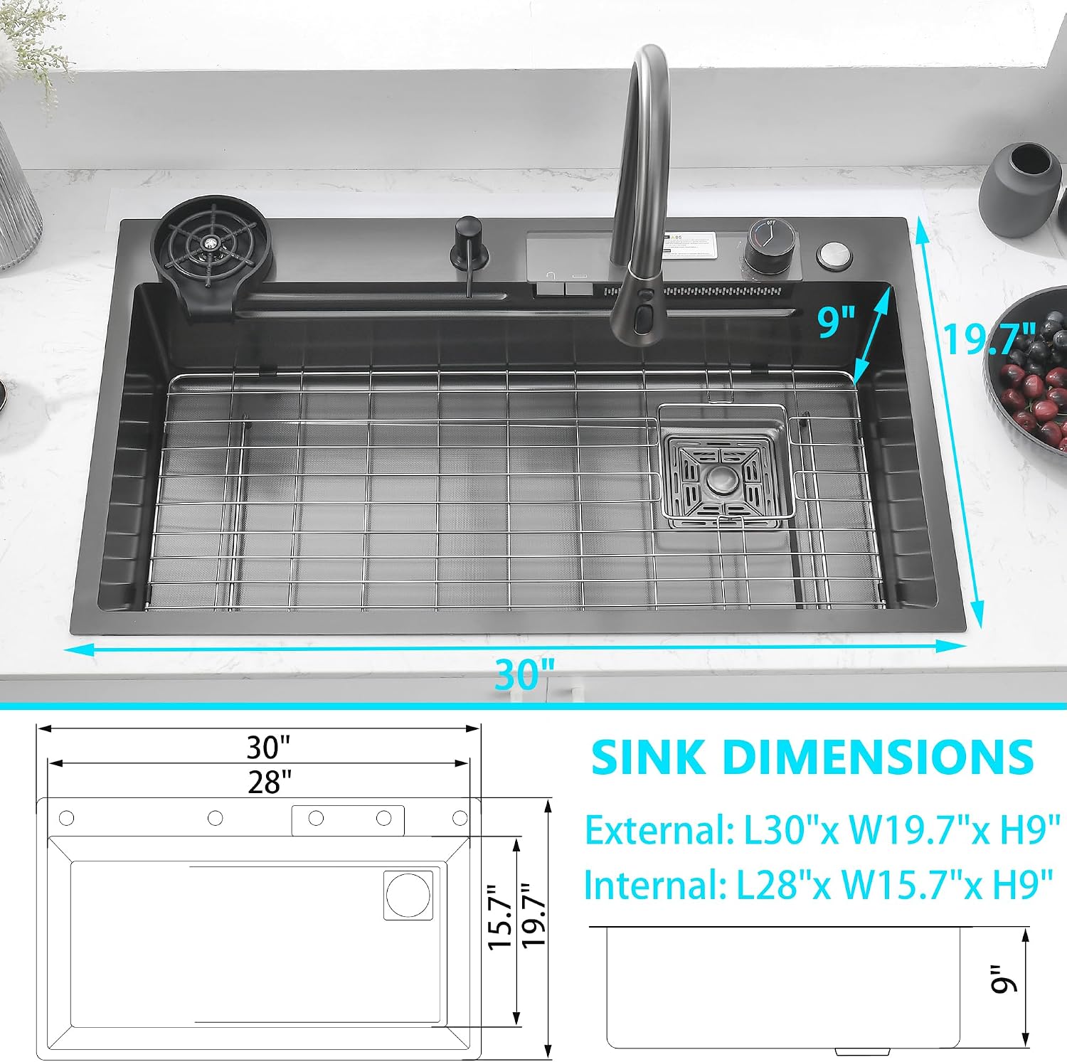 30' x 19.7' Black-Gray Waterfall Kitchen Sink, Drop In Stainless Steel Modern Single Bowl Sink with Pull-Out Spray Faucet, Cup Washer & Accessories