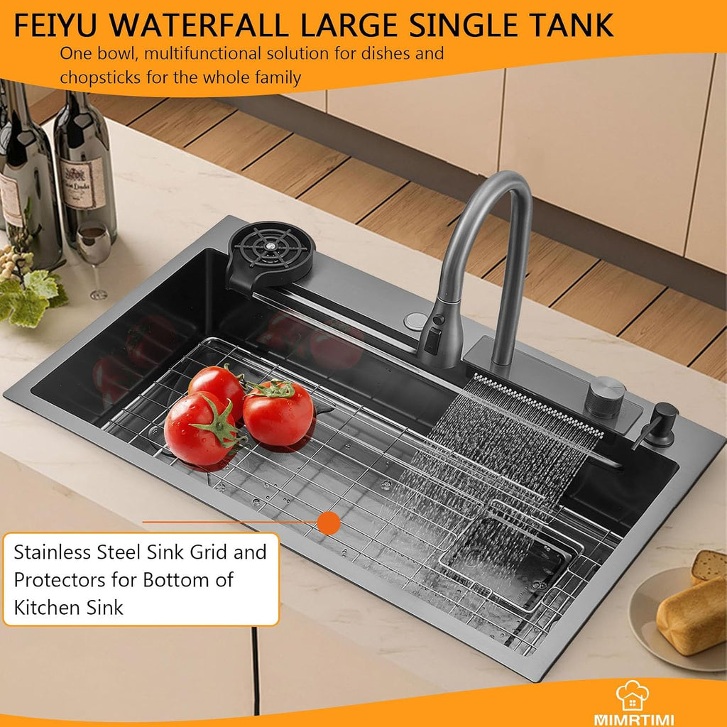Waterfall kitchen sink 34X20' black Undermount Kitchen Sink with Pull-Out Faucet Stainless Steel Drop In Kitchen Sink Single Bowl with Accessories