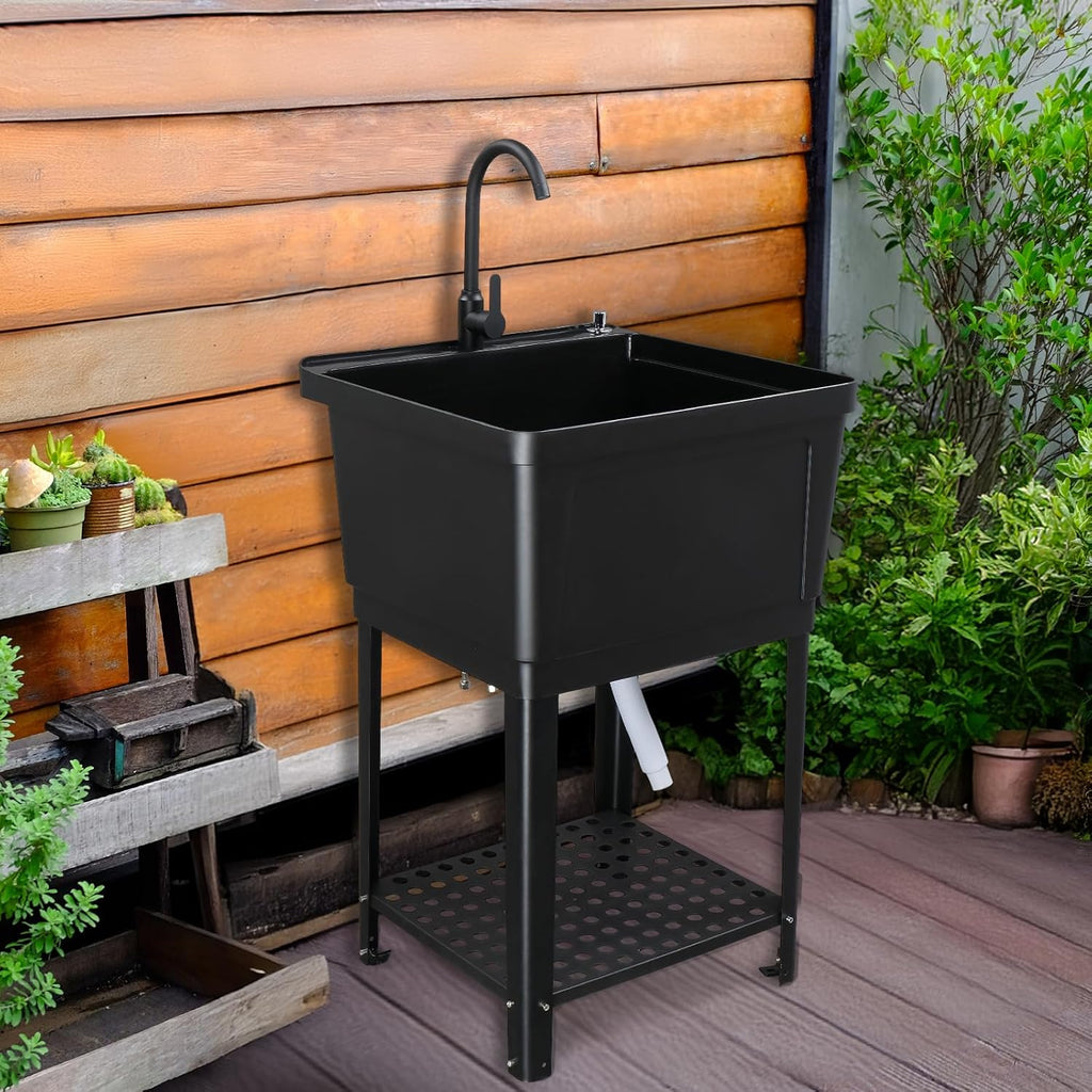 VINGLI 21-Gallon Utility Sink Laundry Tub for Washing Room, 23.6'×23.6'×36.2' Freestanding Utility Sink with Stainless Steel Faucet, Black