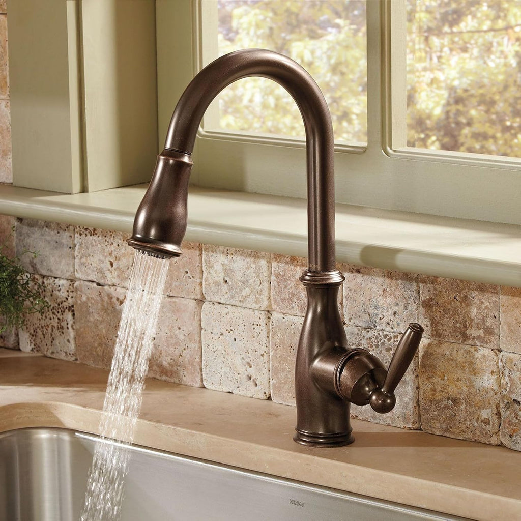 Moen Brantford Oil Rubbed Bronze Traditional One-Handle Kitchen Faucet with Pulldown Sprayer Featuring Power Boost and Reflex Docking System, 7185ORB