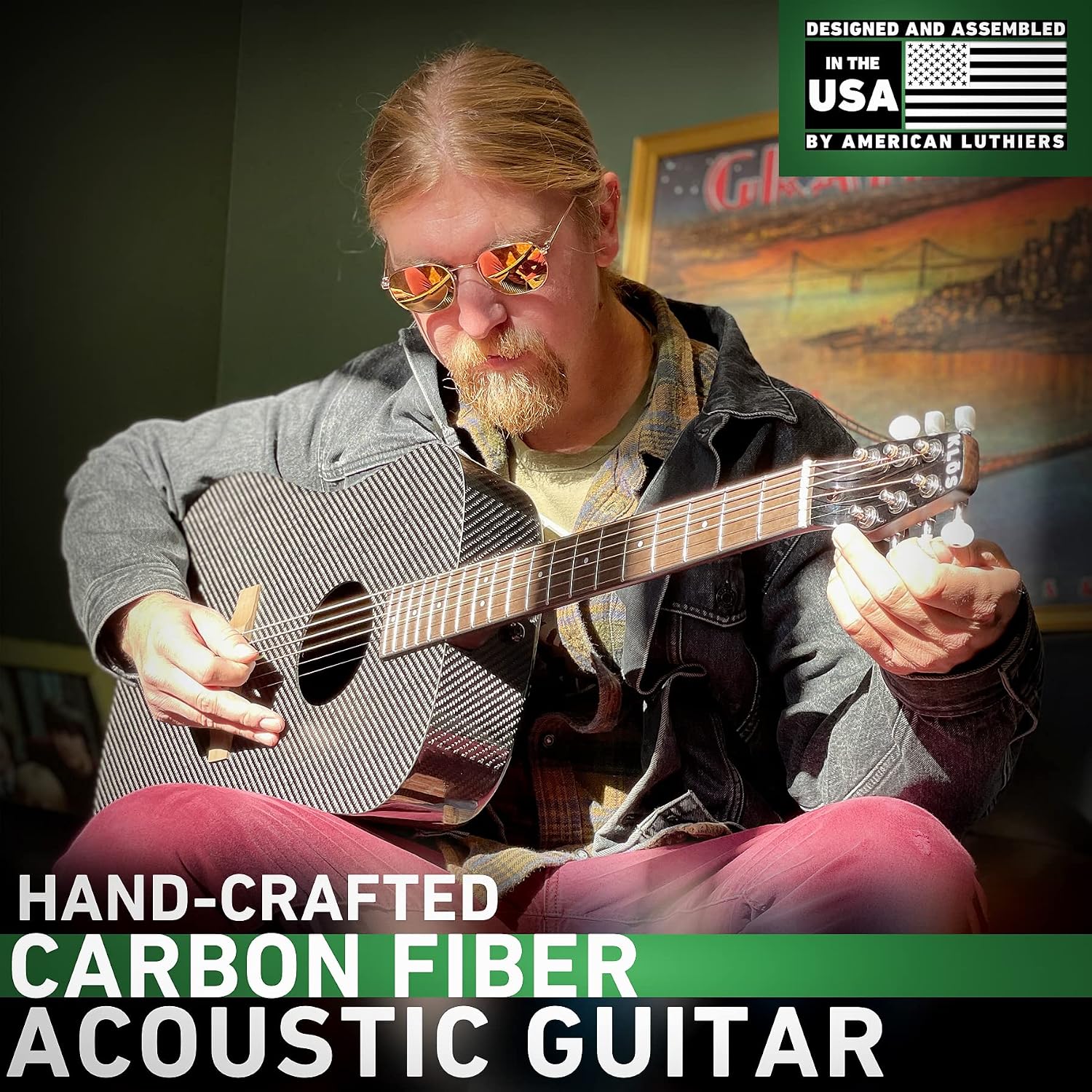 KLOS Full Size Guitar, Durable Carbon Fiber Acoustic Guitar - Black with Gig Bag, Strap, Capo, and more