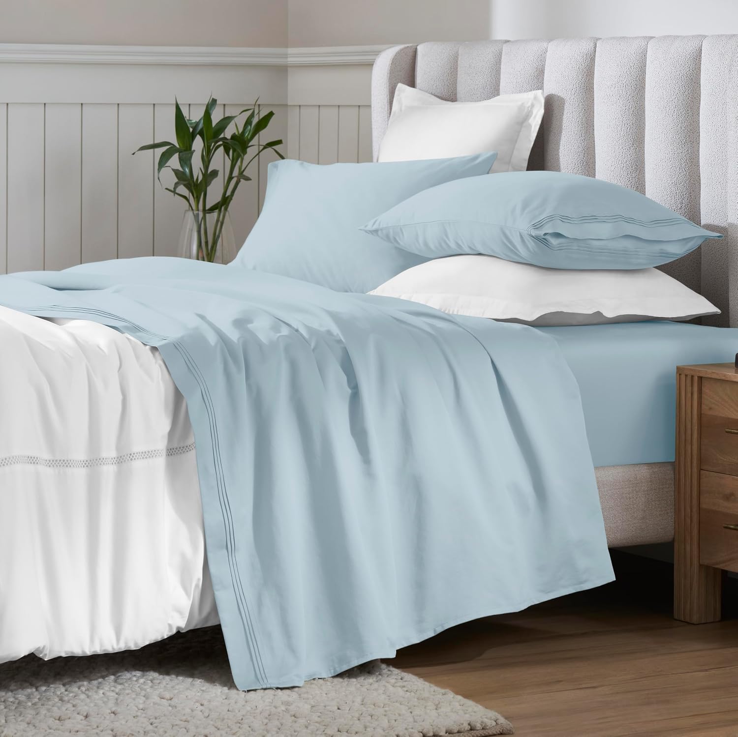 Superior Egyptian Cotton 4 Piece Sheet Set, 650 Thread Count, Eco-Friendly, Sustainable Sheets, Ultra-Soft Basics, Solid, Deep Pocket Fitted Sheet, Flat Sheet, Pillowcases, California King, Baby Blue