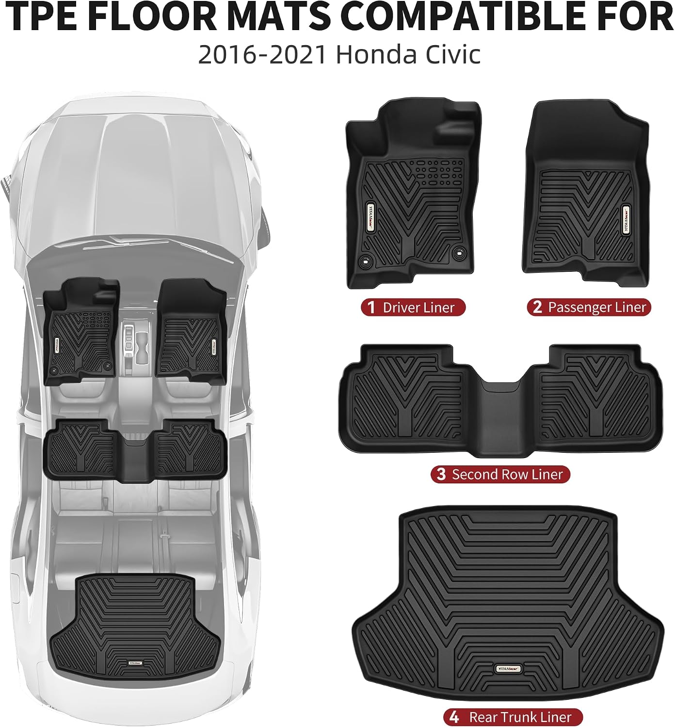 YITAMOTOR Floor Mats & Cargo Mats Fit for 2016-2021 Honda Civic Sedan (Not for Hatchback/Coupe), TPE All Weather Floor Liner for Honda Civic, 1st & 2nd Rows, Black