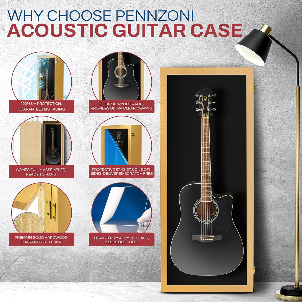 PENNZONI Acoustic Guitar Display Case - Acrylic Acoustic Guitar Case - Guitar Display Case Wall Mount Made from Hardwood Frame & Clear Acrylic - Golden Oak w/Black Felt