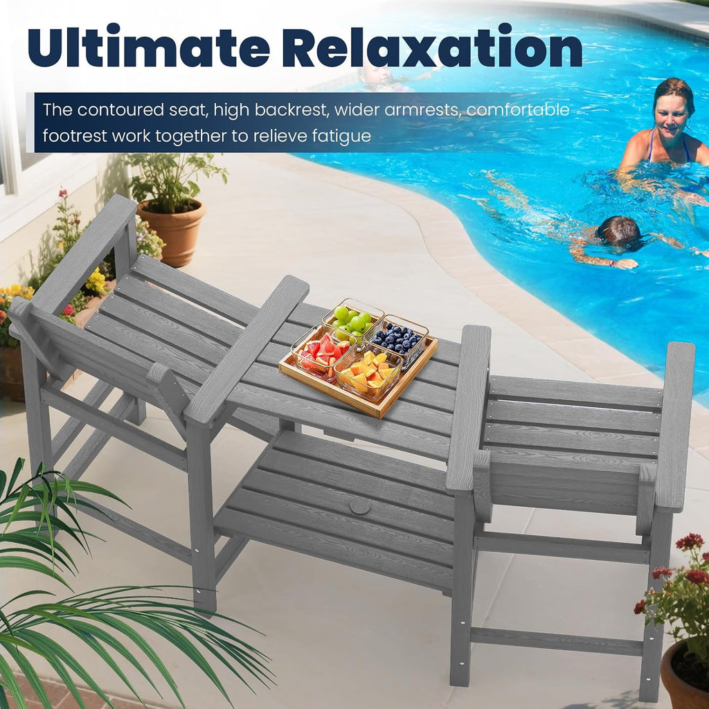 PLUUV Tall Adirondack Chairs Set of 2, All Weather HDPE Poly Bar Height Balcony Adirondack Chair with Removable Double Connecting Trays, Outdoor Adirondack Barstools for Deck, Patio, Yard, Pool, Lawn