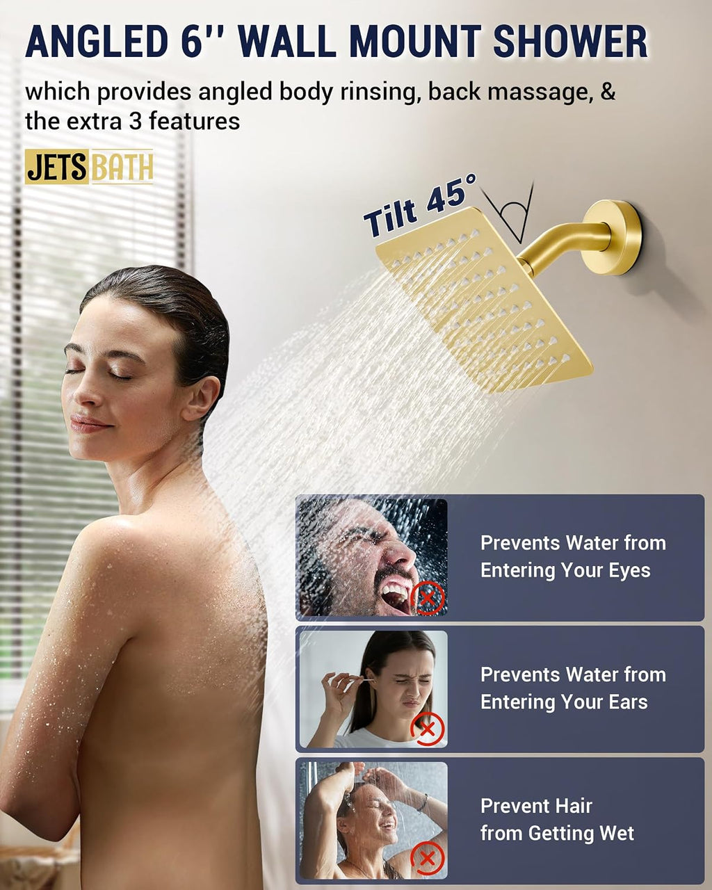 Dual Rainfall Shower Head System with 4 Body Jets, JetsBath Shower Faucet Set Double Shower Head 6-Inch Shower Head & 12' Rain Shower, Luxury Brushed Gold Shower Faucet Set,Wall-Mounted Shower System