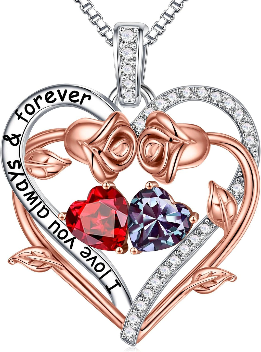 Iefil Rose Heart Double Birthstone Necklace Gifts for Wife Girlfriend Her Women, Birthstone Jewelry Gemstone Birthday Gifts for Mom Grandma Her Wife Women