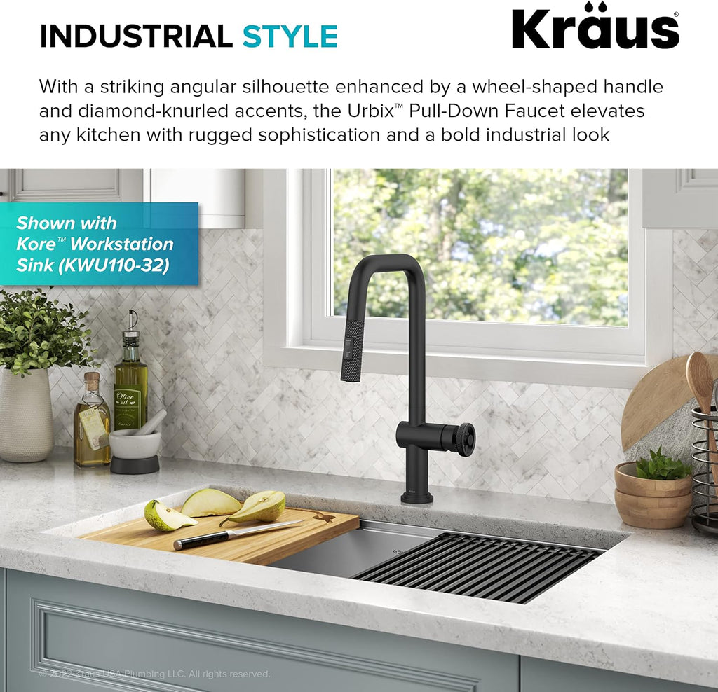 KRAUS Urbix Industrial Pull-Down Single Handle Kitchen Faucet in Matte Black, KPF-3126MB