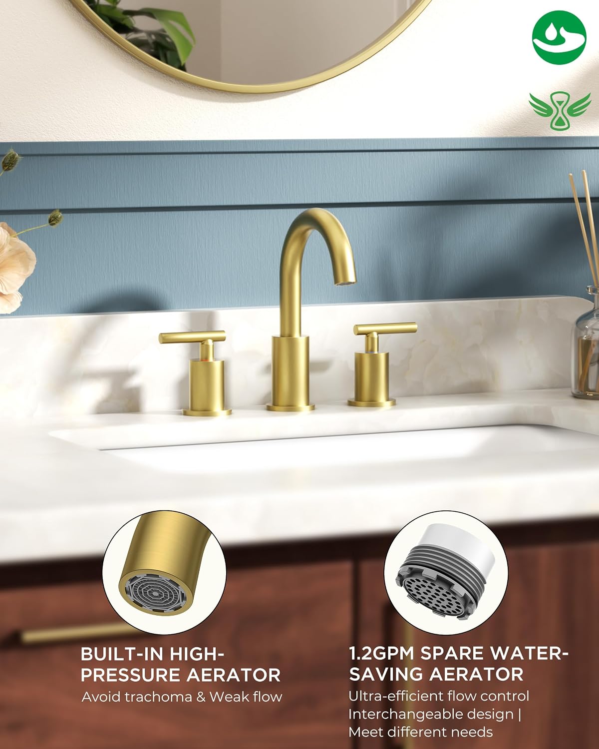 FORIOUS 2 Pack 8 Inch Widespread Brushed Gold Bathroom Faucet 3 Hole, 2 Handle Gold Sink Faucet Bathroom Vanity with 360 Degree Swivel Spout, with Pop Up Drain and cUPC Supply Line