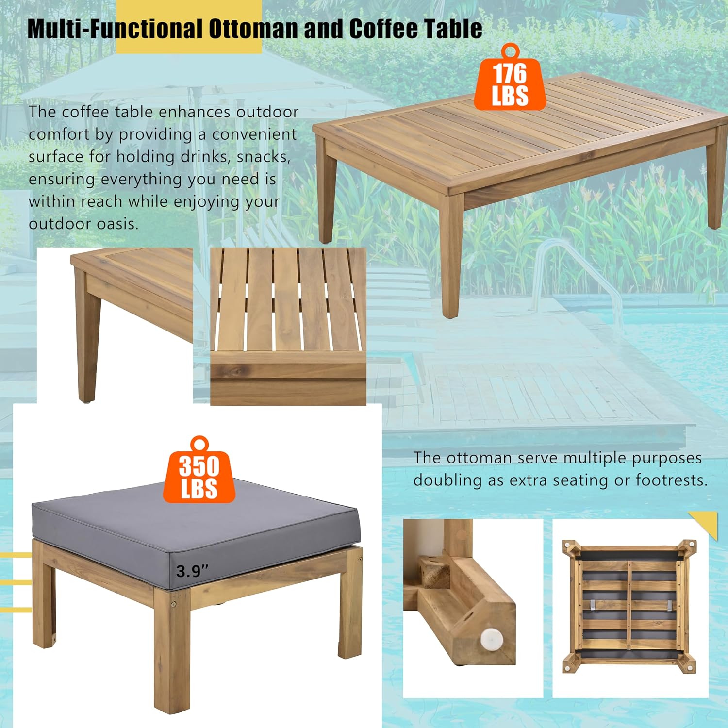 6-Piece Outdoor Patio Conversation Furniture Set, Acacia Wood Sectional Sofa Set with Coffee Table and Removable Cushion for Garden Backyard and Poolside (Grey-CC)