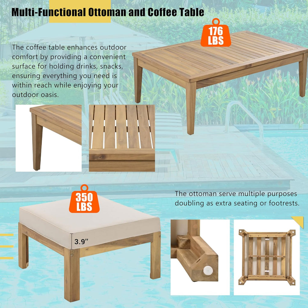 6-Piece Outdoor Patio Conversation Furniture Set, Acacia Wood Sectional Sofa Set with Coffee Table and Removable Cushion for Garden Backyard and Poolside (Beige-CC)
