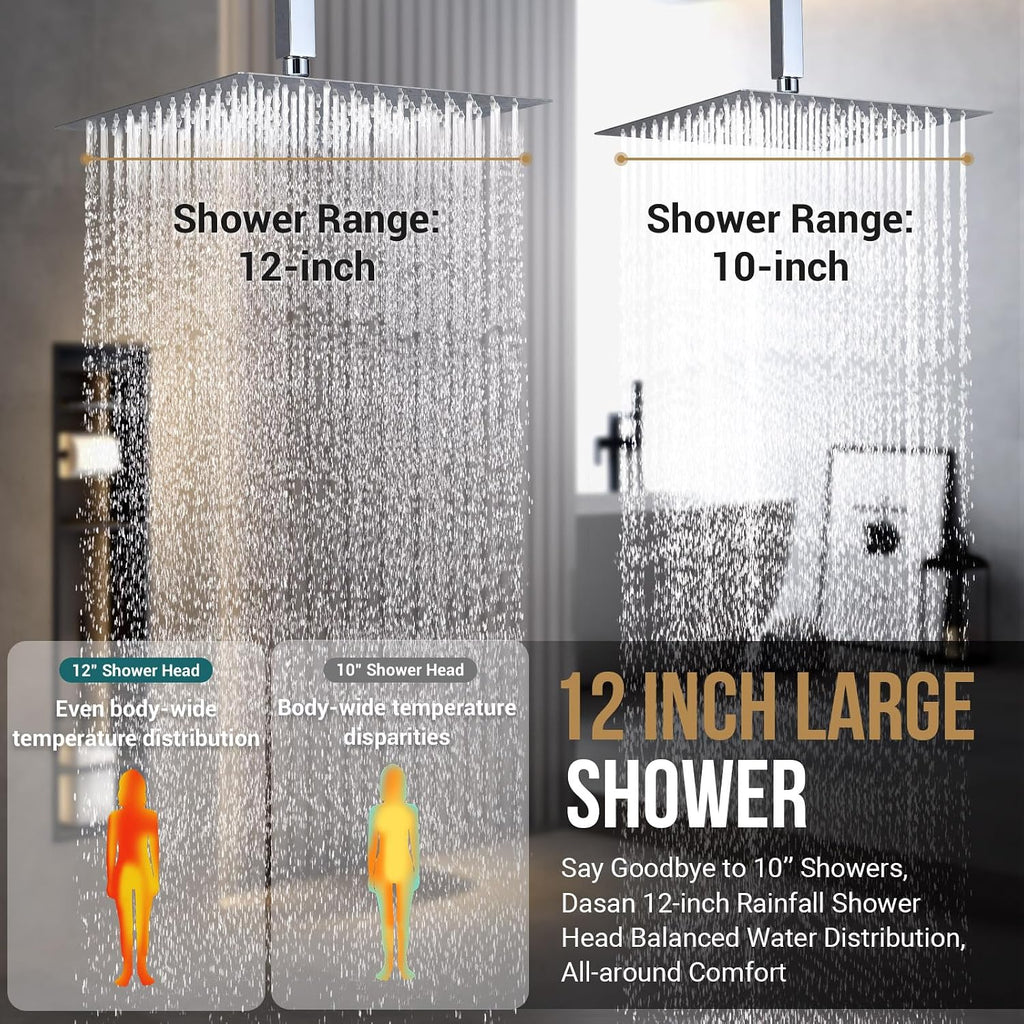 DASAN Full Body Shower System with 6 PCS Body Spray Jets & 12'' Rain Shower Head & Handheld, Ceiling Mount Rain Shower System Polished Chrome Shower Faucets Sets Complete with Valve, SA-SS03ACH-S12C