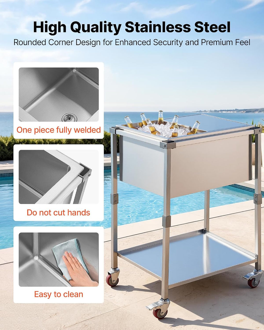 VEVOR Commercial Ice Bin, Underbar Ice Bin, Stainless Steel Ice Chest with Sliding Lid, Bottle Holders, Adjustable Bullet Feet, Cooler Cart Cocktail Unit for Bar Restaurant Pub