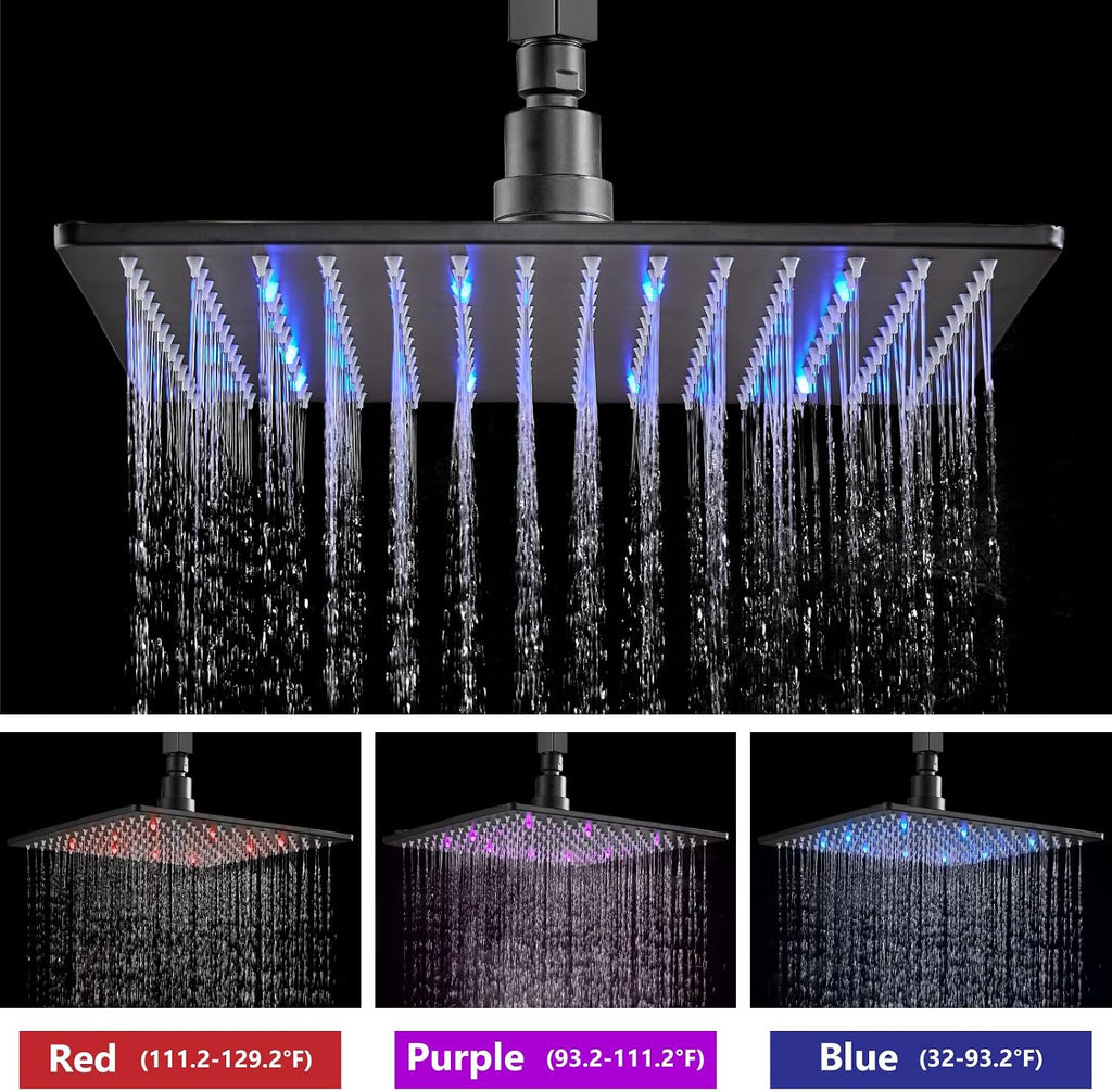 Aolemi Ceiling Mount Shower Faucet Set with Handheld Spray High Pressure Shower Faucets Sets Complete Rough-in Valve and Shower Trim Kit System Included Rainfall Matte Black 10 Inch LED Shower Head