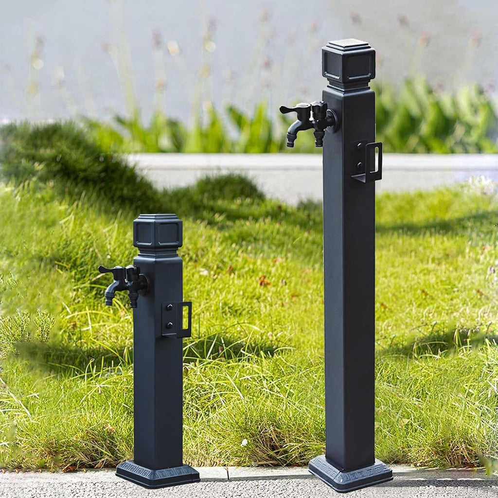 Garden Water Column Outdoor Post Faucet 304 Stainless Steel Vertical Square Water Dispenser Column with Floor Mounted Hydrant Water Tap Black