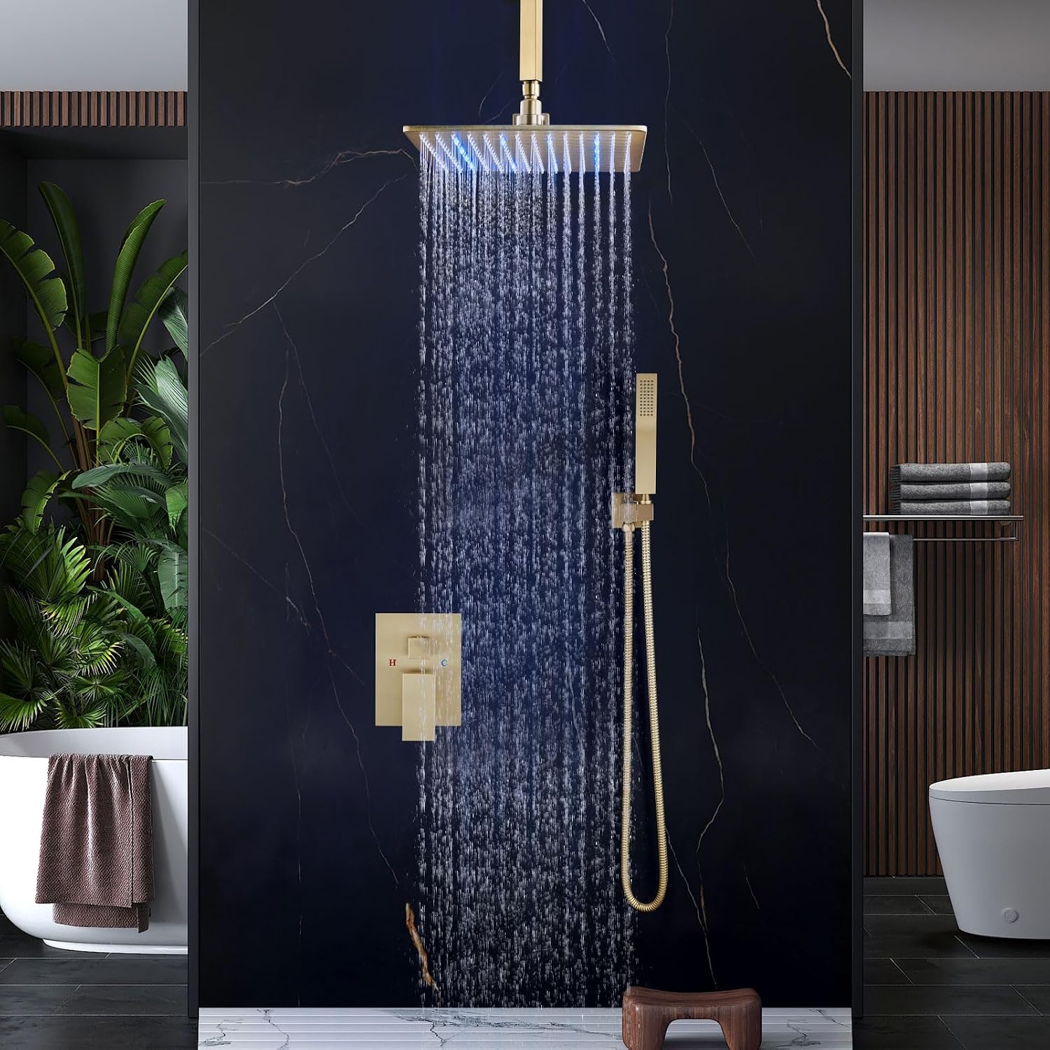 Aolemi Ceiling Mount Shower Faucet Set with Handheld Spray High Pressure Shower Faucets Sets Complete Rough-in Valve and Shower Trim Kit System Included Rainfall Brushed Gold 12 Inch LED Shower Head