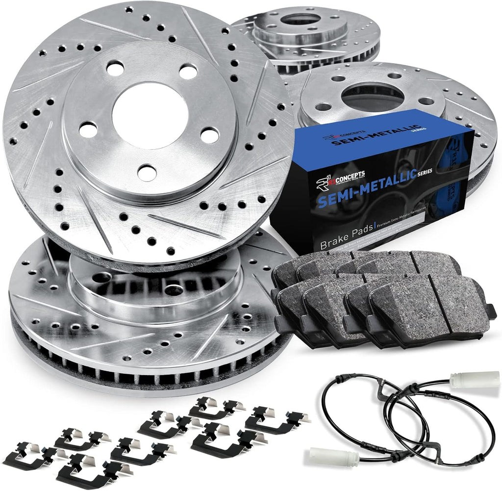 R1 Concepts Front and Rear Brake Kit Fits 2013-2018 BMW 320i; 2014-2018 BMW 328d; 2015-2016 BMW 328i| Semi Met Pads, Drilled Slotted Rotors| Hardware, Sensor Wire| 12.3' Front & 11.8' Rear