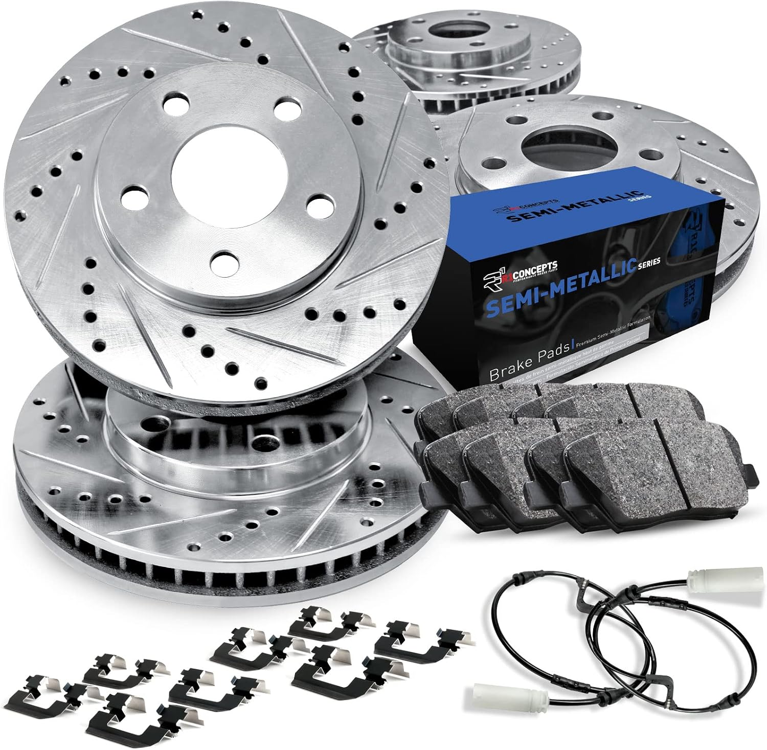 R1 Concepts Front and Rear Brake Kit Fits 2013-2018 BMW 320i; 2014-2018 BMW 328d; 2015-2016 BMW 328i| Semi Met Pads, Drilled Slotted Rotors| Hardware, Sensor Wire| 12.3' Front & 11.8' Rear