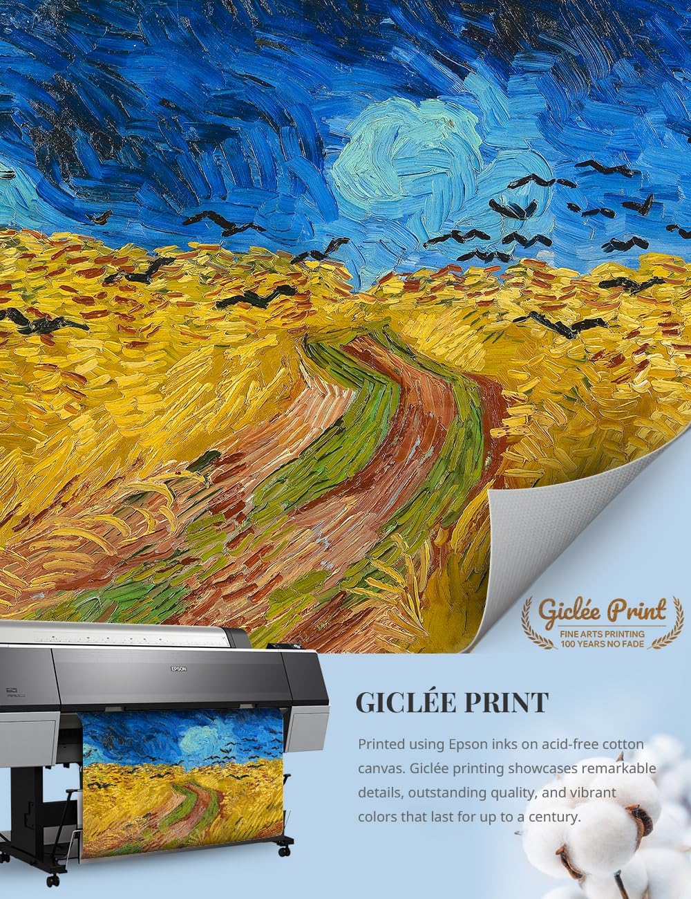 IPIC - Vincent Van Gogh's Wheat Field with Crows. Classic World Art Reproduction. Giclee Prints on Acid Free Cotton Canvas with Solid Wood Frame, Total size: W 24.8' x H 20.8'