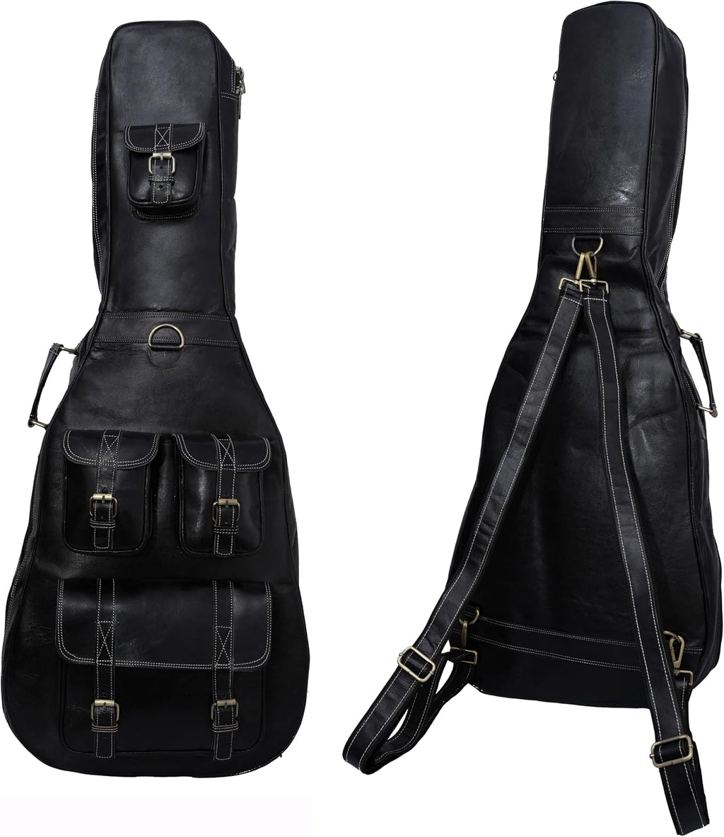 Premium Leather Guitar Gig Bag, Electric And Acoustic Guitar Case with Multiple Storage Pockets, Detachable And Adjustable Straps (Black)