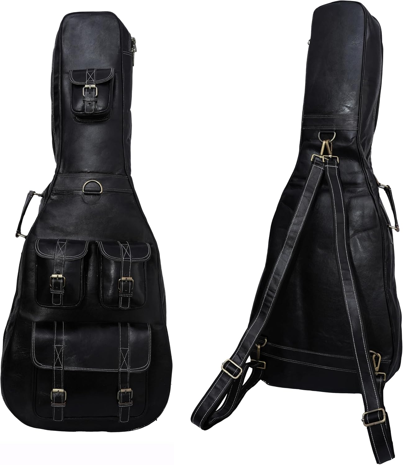 Premium Leather Guitar Gig Bag, Electric And Acoustic Guitar Case with Multiple Storage Pockets, Detachable And Adjustable Straps (Black)