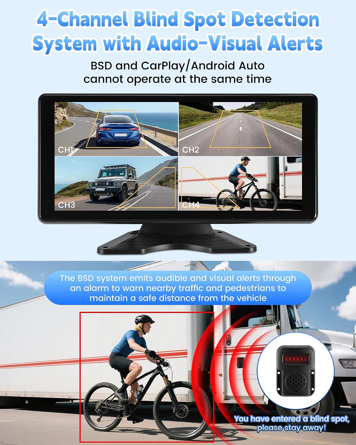 RV Camera System with CarPlay Android Auto 10.36 Inch Touch Monitor | 4 1080P wired IP69 backup cameras, BSD blind spot alert, 24H parking monitor, DVR recording, for semi truck trailer RV camper