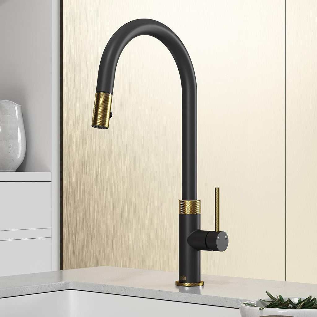 VIGO Bristol 19'' H Single Handle Pull-Down Sprayer Kitchen Faucet in Matte Brushed Gold and Matte Black-VG02033MGMB