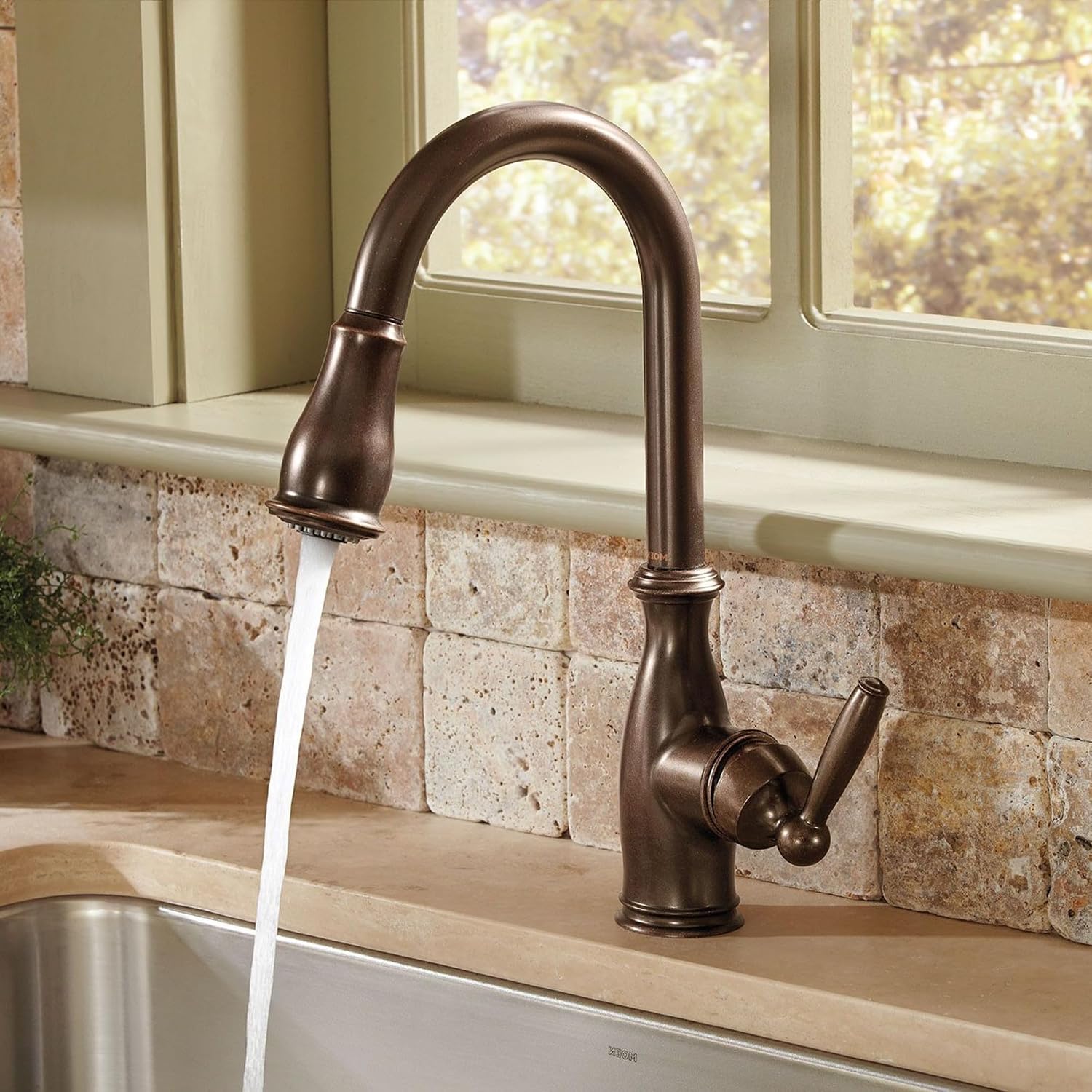 Moen Brantford Oil Rubbed Bronze Traditional One-Handle Kitchen Faucet with Pulldown Sprayer Featuring Power Boost and Reflex Docking System, 7185ORB