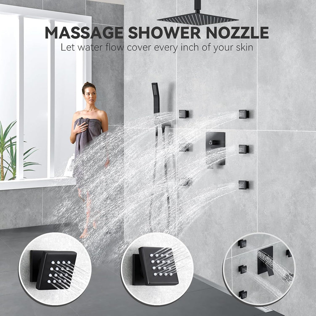 Rain Shower System With Complete 6 Pcs Body Sprays Jets And Pressured Balance Rough-in Valve,12Inch Rainfall Shower Head And Handheld, Modern Matte Black Ceiling Mount Shower Faucets Sets