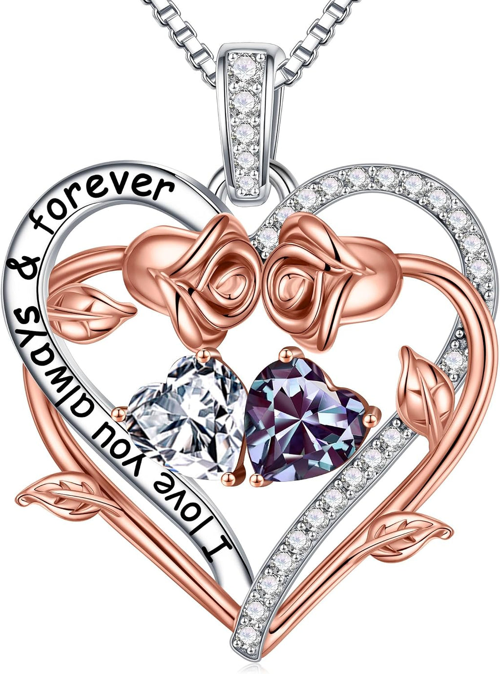 Iefil Rose Heart Double Birthstone Necklace Gifts for Wife Girlfriend Her Women, Birthstone Jewelry Gemstone Birthday Gifts for Mom Grandma Her Wife Women