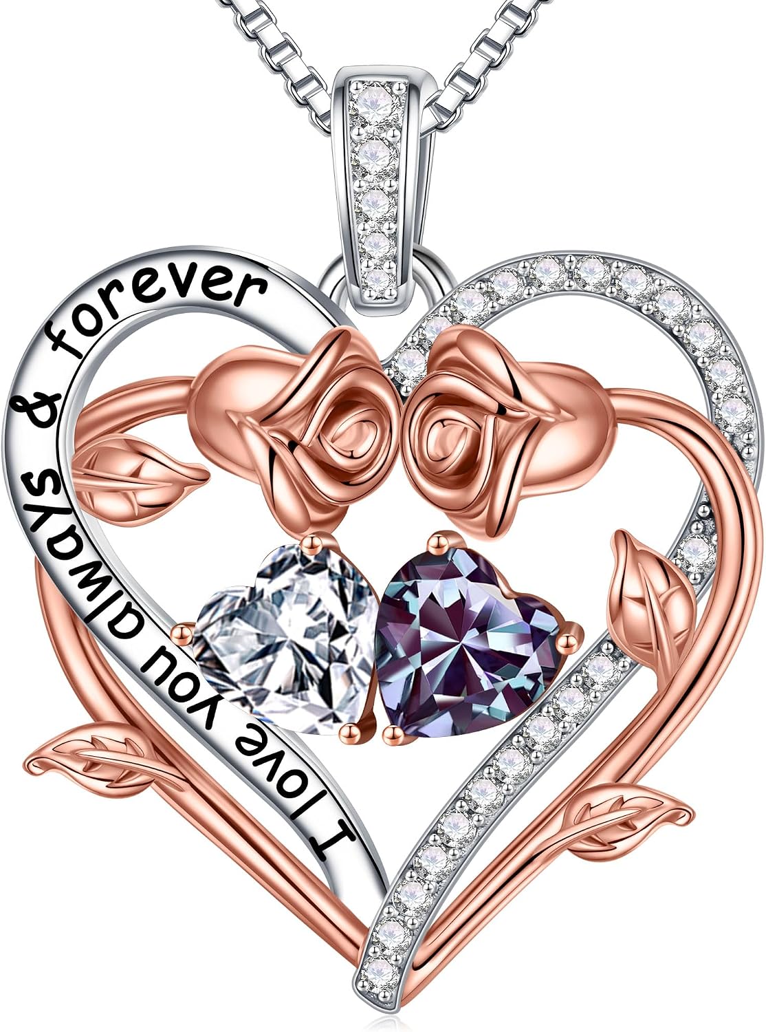 Iefil Rose Heart Double Birthstone Necklace Gifts for Wife Girlfriend Her Women, Birthstone Jewelry Gemstone Birthday Gifts for Mom Grandma Her Wife Women