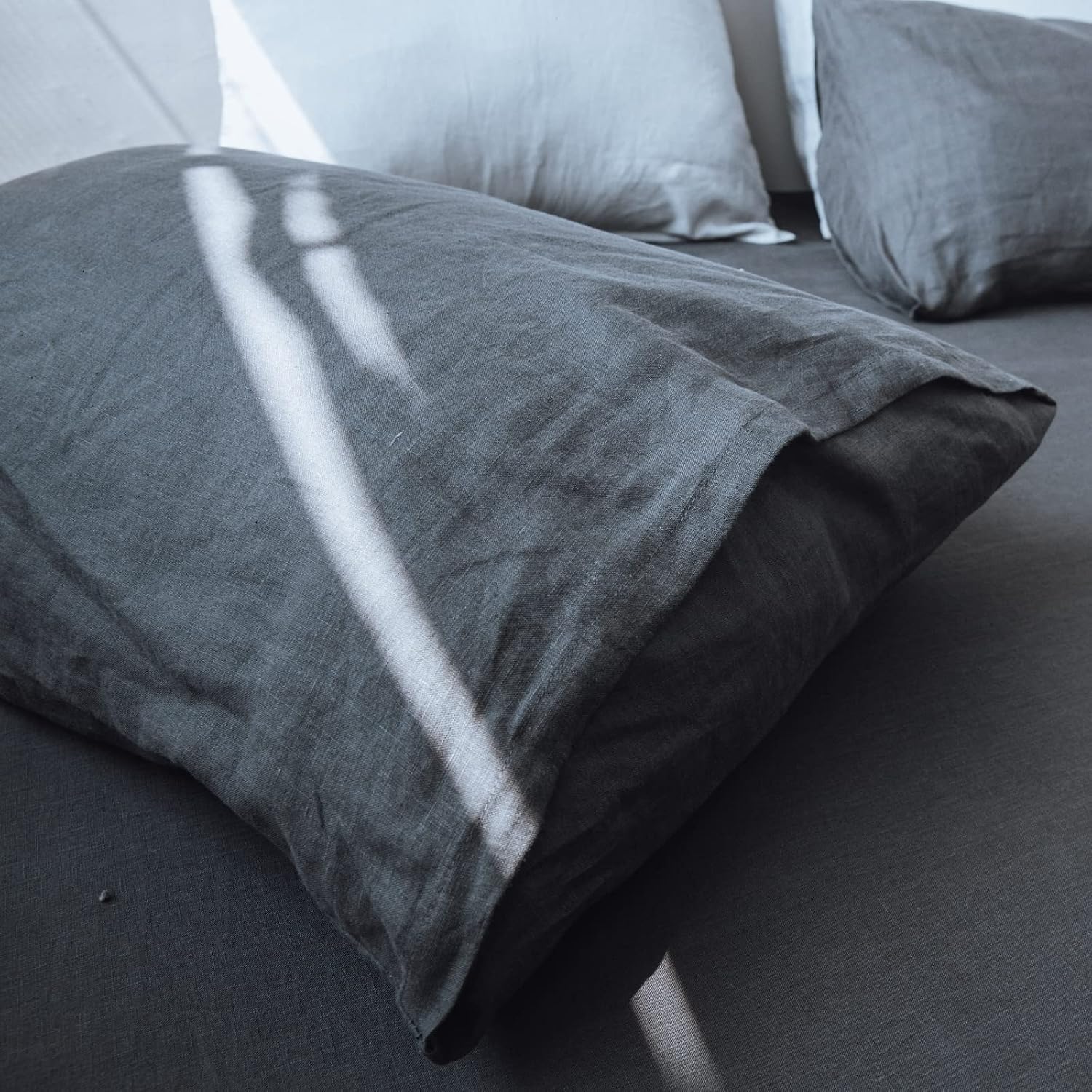 Simple&Opulence 100% Linen Sheet Set 4pcs Basic Style, Deep Pocket, Natural French Washed Flax Solid Color Soft Breathable Bed Sheets - Dark Grey, Queen
