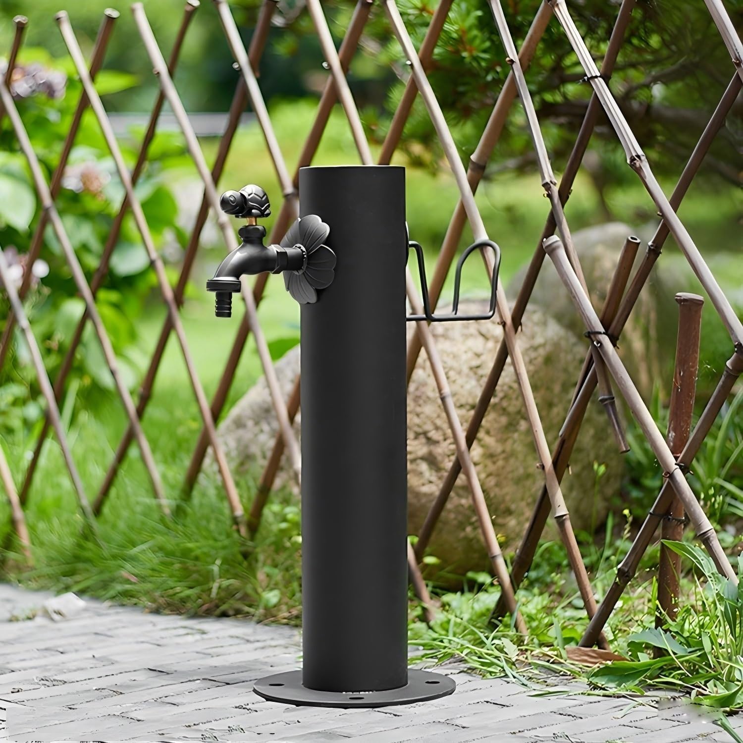 304 Stainless Steel Cylindrical Vertical Garden Water Column with 7.5m ﻿Spray Gun and Stainless Steel Inner Tube，Outdoor Faucet Water Dispenser Hydrant(Black-5,50cm/19in)