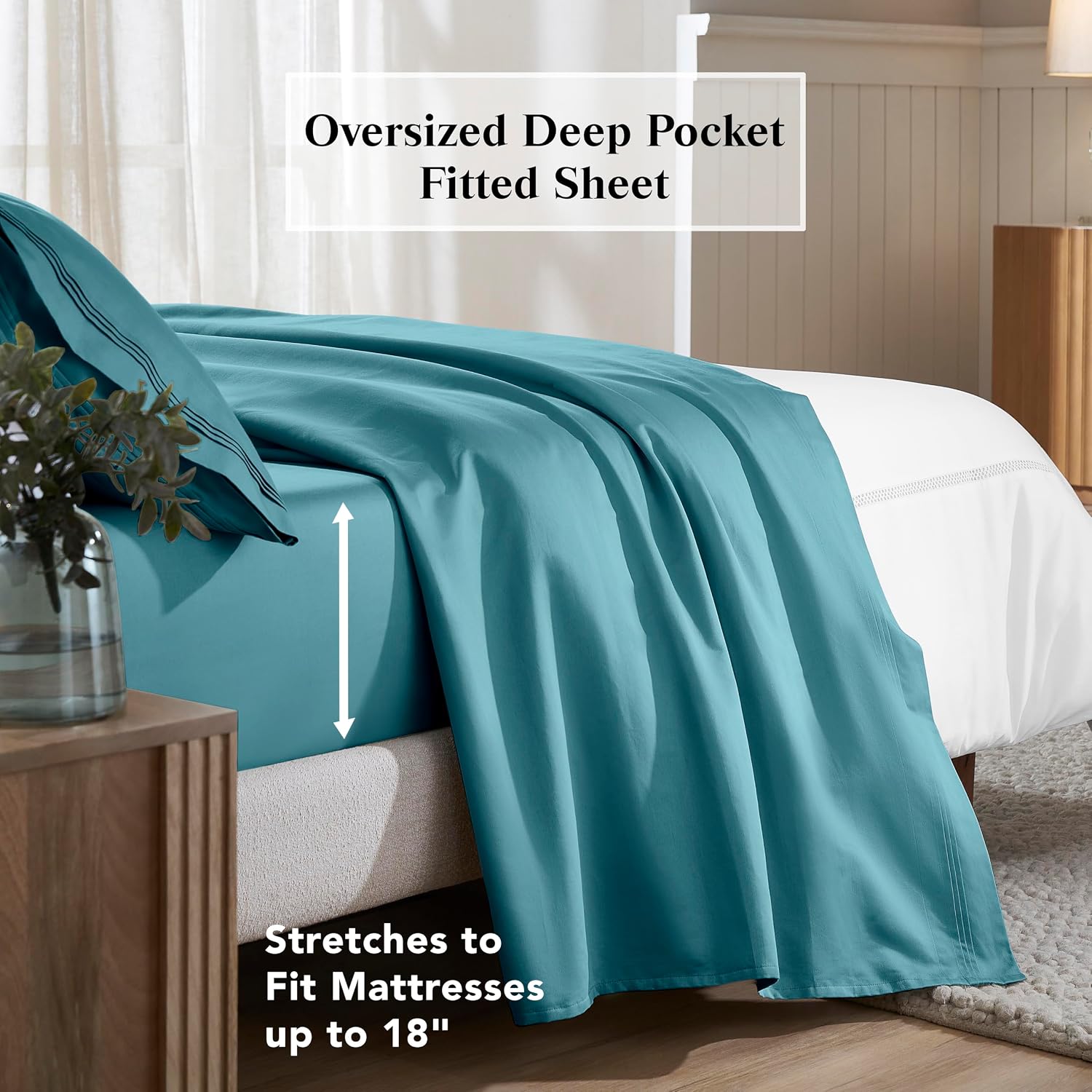 Superior Egyptian Cotton 4 Piece Sheet Set, 650 Thread Count, Eco-Friendly, Sustainable Sheets, Ultra-Soft Basics, Solid, Deep Pocket Fitted Sheet, Flat Sheet, Pillowcases, California King, Caribbean