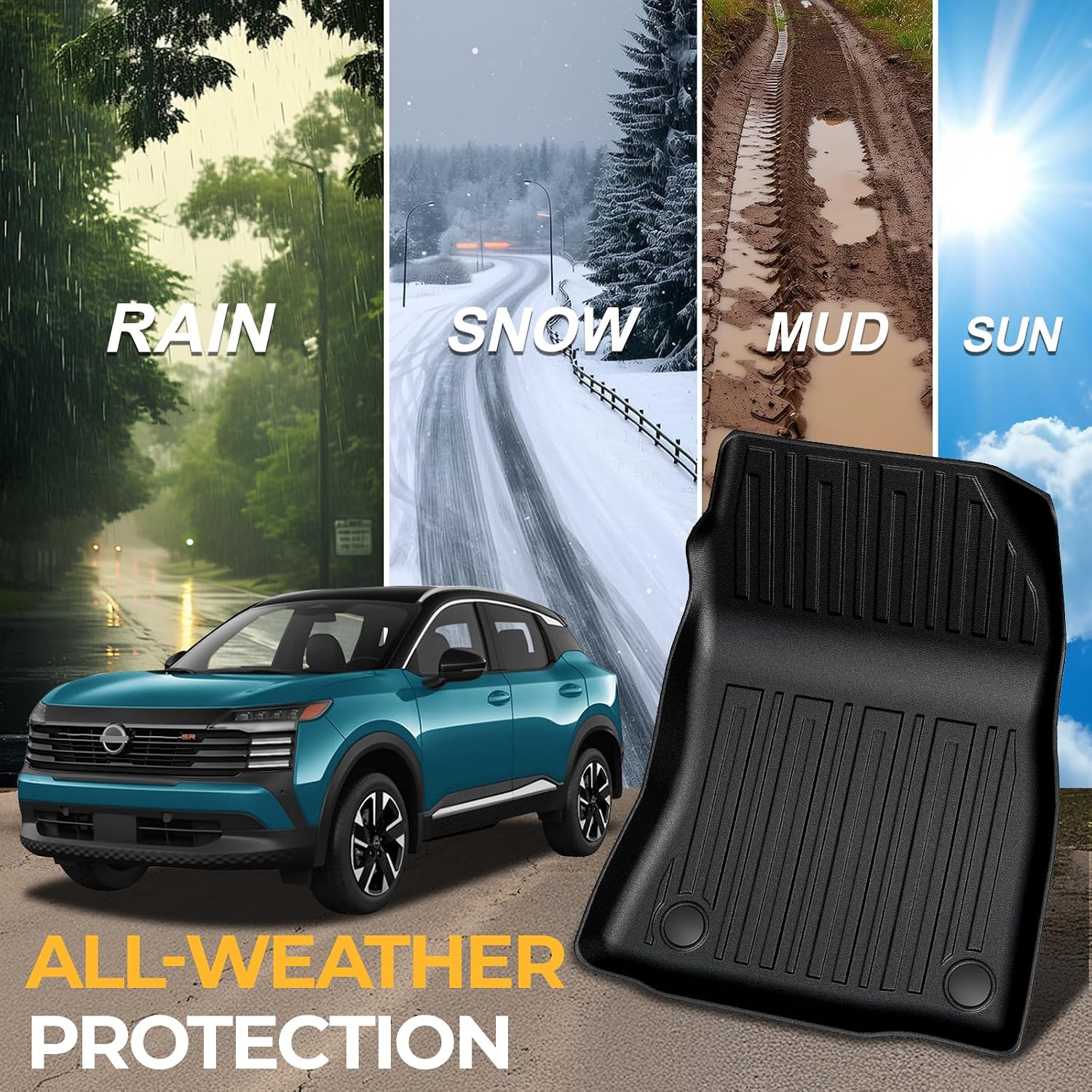 Floor Mats for Nissan Kicks 2025-2026, All Weather Floor Mats Trunk Cargo Liner and Door Sill Guards Accessories, Full Coverage Set (Fit for FWD/AWD)