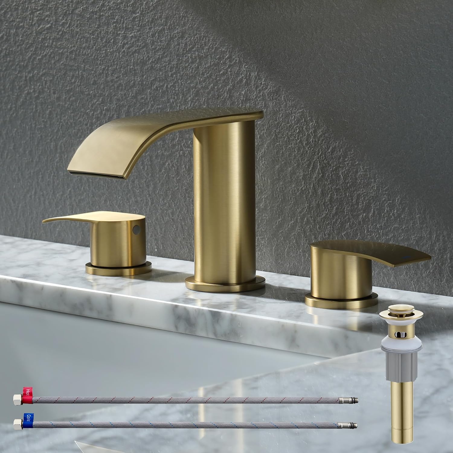 Ultimate Unicorn 8 inch Bathroom Faucet Brushed Gold, Waterfall Bathroom Faucet with Metal Pop-up Sink Drain Stopper and 2 Supply Hoses,2 Handle Widespread Faucets for Vanity Sink 3 Holes (Pack of 2)
