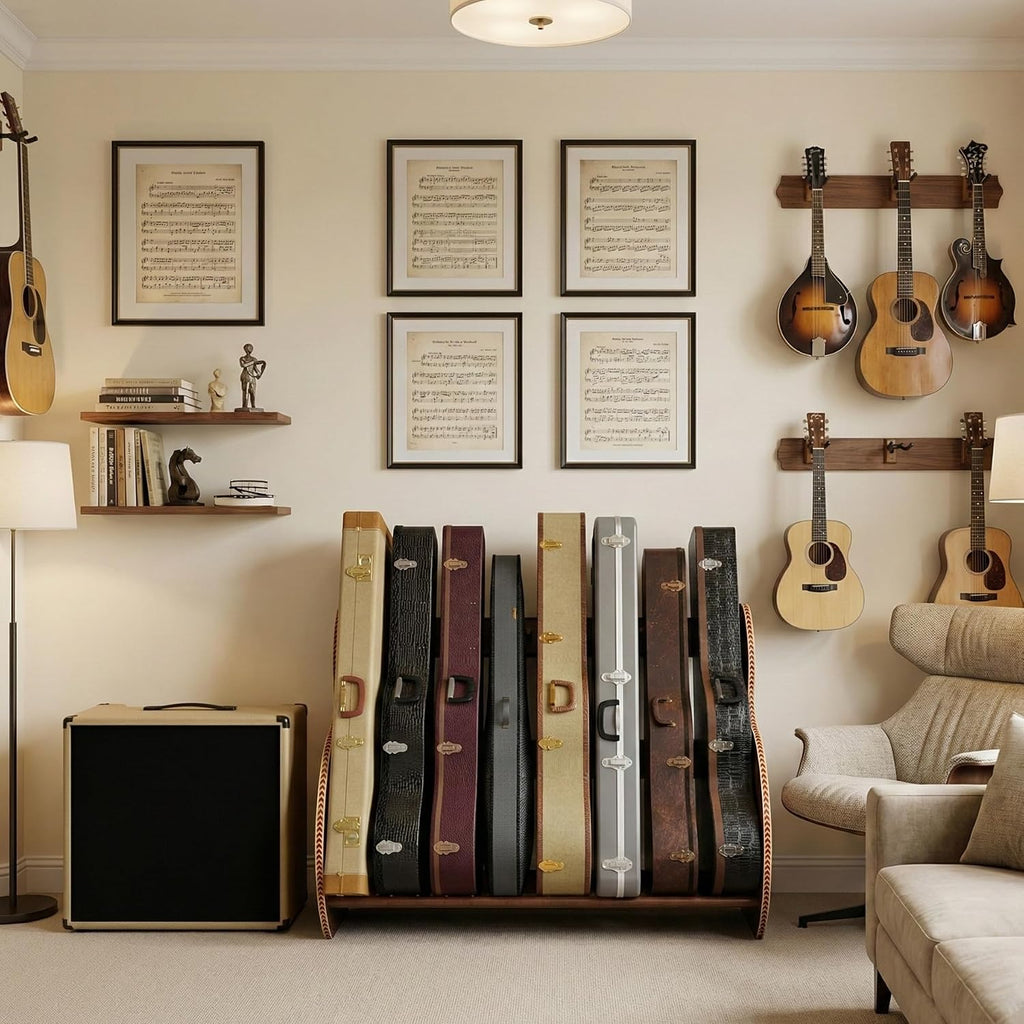 A&S Crafted Products Guitar Case Rack for Acoustics & Electrics - The Studio Deluxe (Grande) | Walnut | Made in U.S.A.