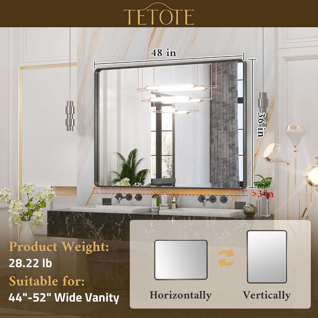 TETOTE 48 x 36 Inch Mirrors for Bathroom, Matte Black Framed Rectangular Large Modern Farmhouse Vanity Mirror for Wall Decor (Horizontal/Vertical)