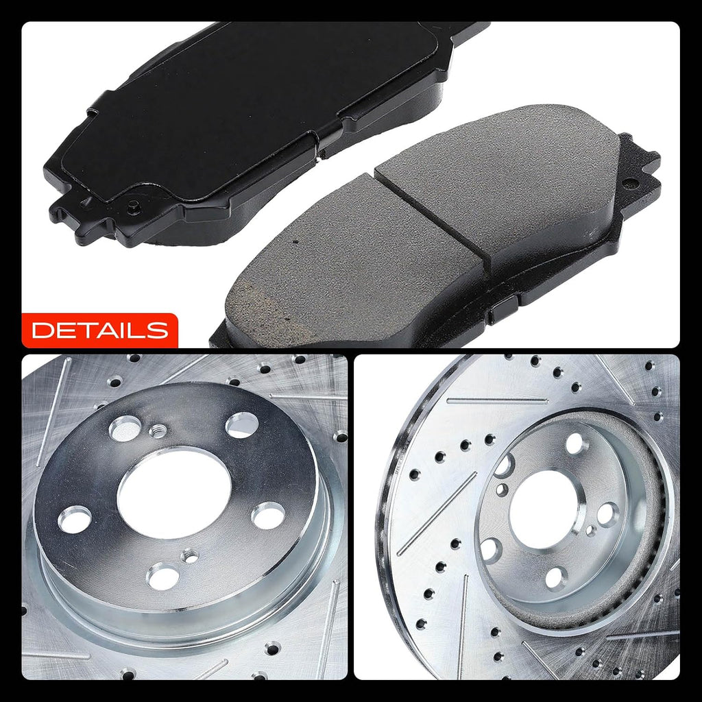 A-Premium Front and Rear Drilled and Slotted Disc Brake Rotors + Ceramic Pads Kit Compatible with Select Pontiac and Toyota Models - Vibe 2009-2010, Corolla 2009-2019, Matrix 2009-2014, 12-PC Set