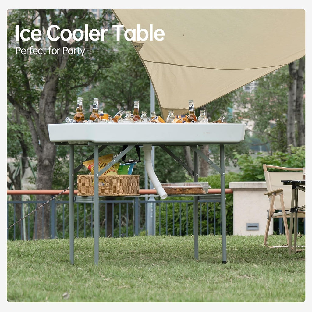 Outdoor Ice Cooler Folding Table, Portable Cooler Table with Removable Matching Skirt, Chill Table for Party BBQ Camping Wedding White