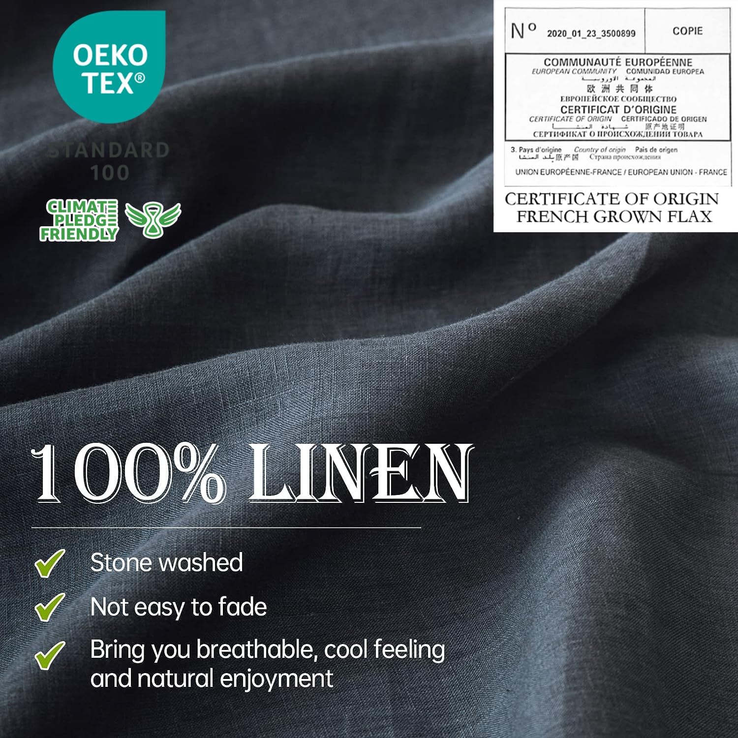Simple&Opulence 100% Linen Sheet Set 4pcs Basic Style, Deep Pocket, Natural French Washed Flax Solid Color Soft Breathable Bed Sheets - Dark Grey, Queen