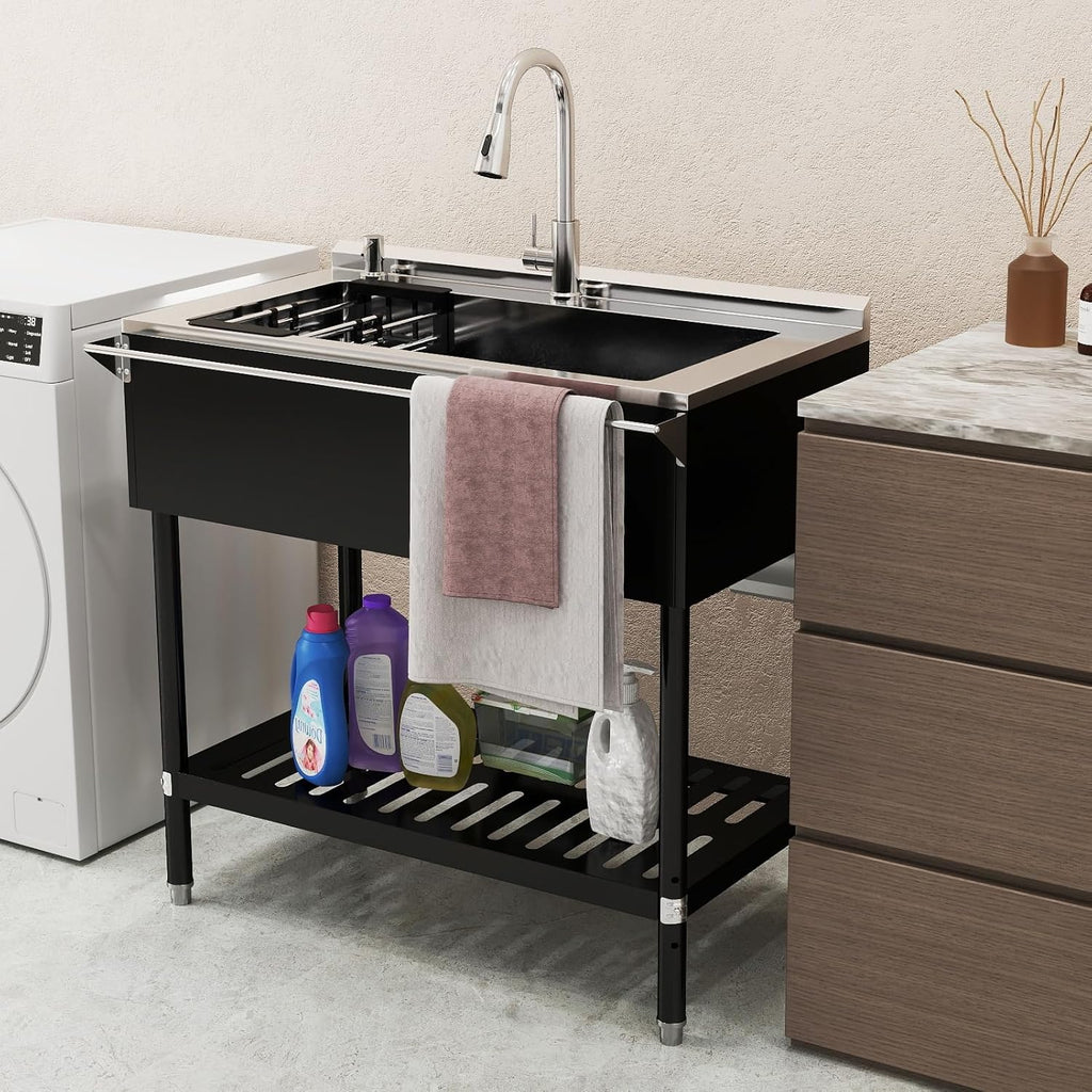 Stainless Steel Utility Sink, 30.8'' Free Standing Single Bowl Sink with Pull-Out Faucet & Cold and Hot Water Pipe & basket, Indoor and Outdoor Sink for Laundry Room, Garage, Kitchen, Black