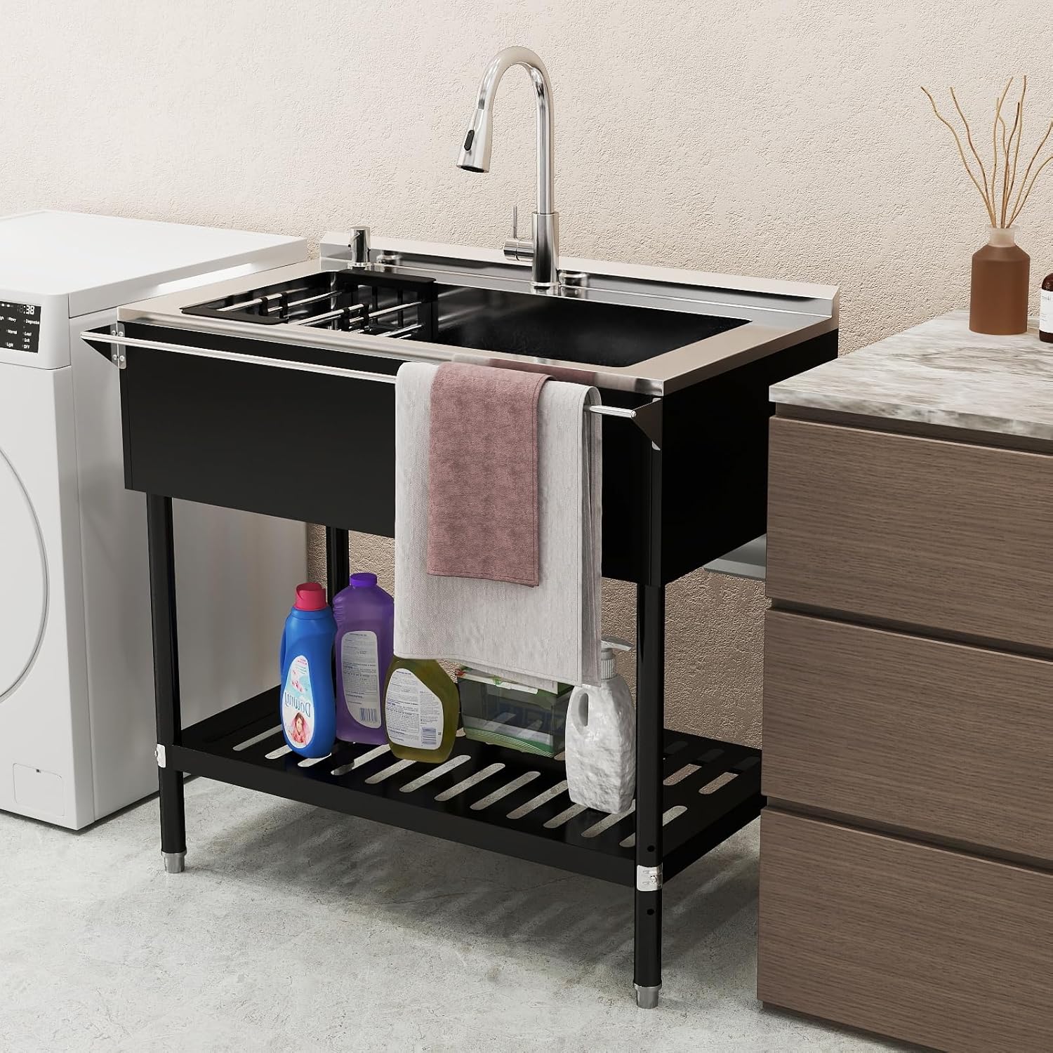 Stainless Steel Utility Sink, 30.8'' Free Standing Single Bowl Sink with Pull-Out Faucet & Cold and Hot Water Pipe & basket, Indoor and Outdoor Sink for Laundry Room, Garage, Kitchen, Black