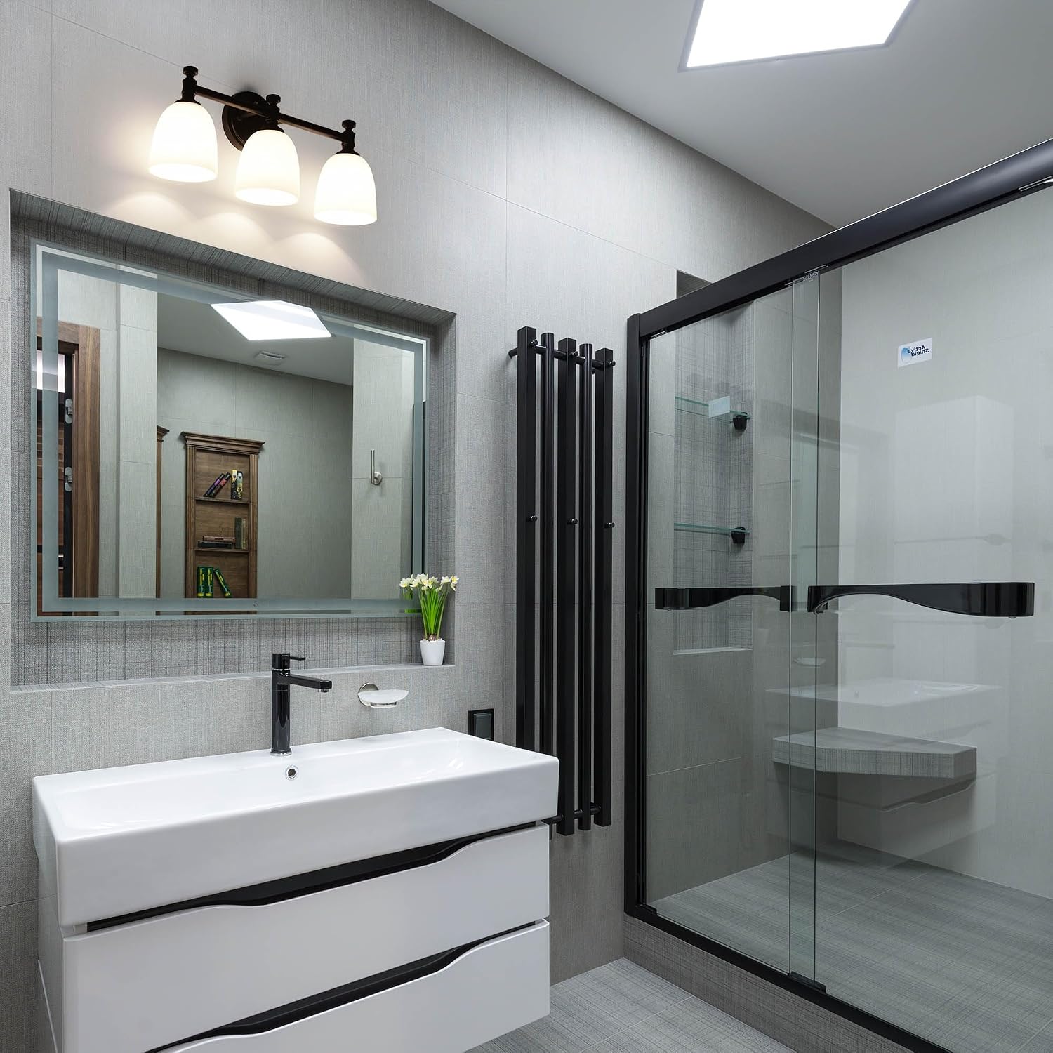 Black Bathroom Vanity Light, 3-Light Bathroom Light Fixtures Over Mirror, Traditional Vanity Lights for Living Room, Milk White Bell Glass Shades, Standard E26 Base, Matte Black