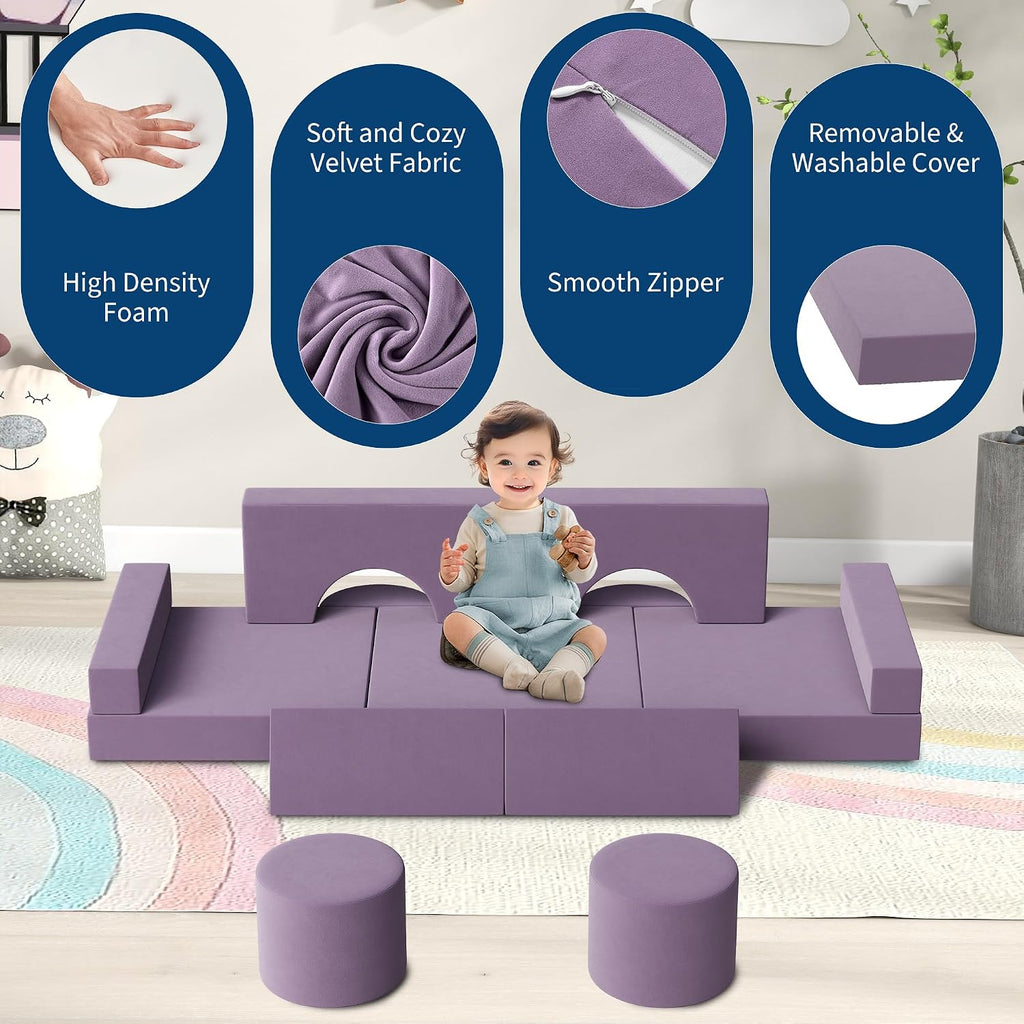 Kids Modular Play Couch, 13 Pcs Toddler Couch With Washable Velvet Covers, Building Fort Toddler Sofa Set, Convertible Foam Floor Chair for Playroom, Living Room