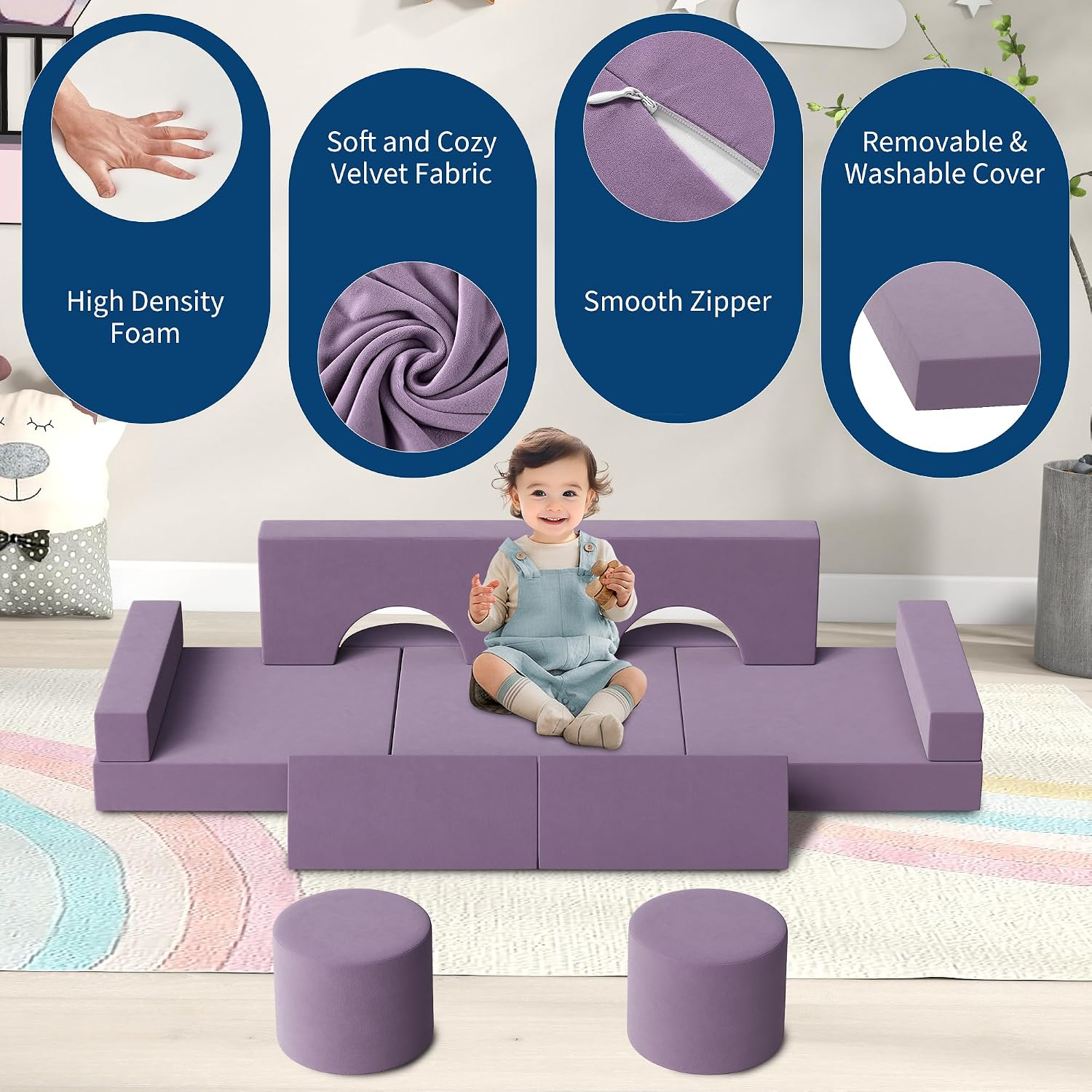 Kids Modular Play Couch, 13 Pcs Toddler Couch With Washable Velvet Covers, Building Fort Toddler Sofa Set, Convertible Foam Floor Chair for Playroom, Living Room