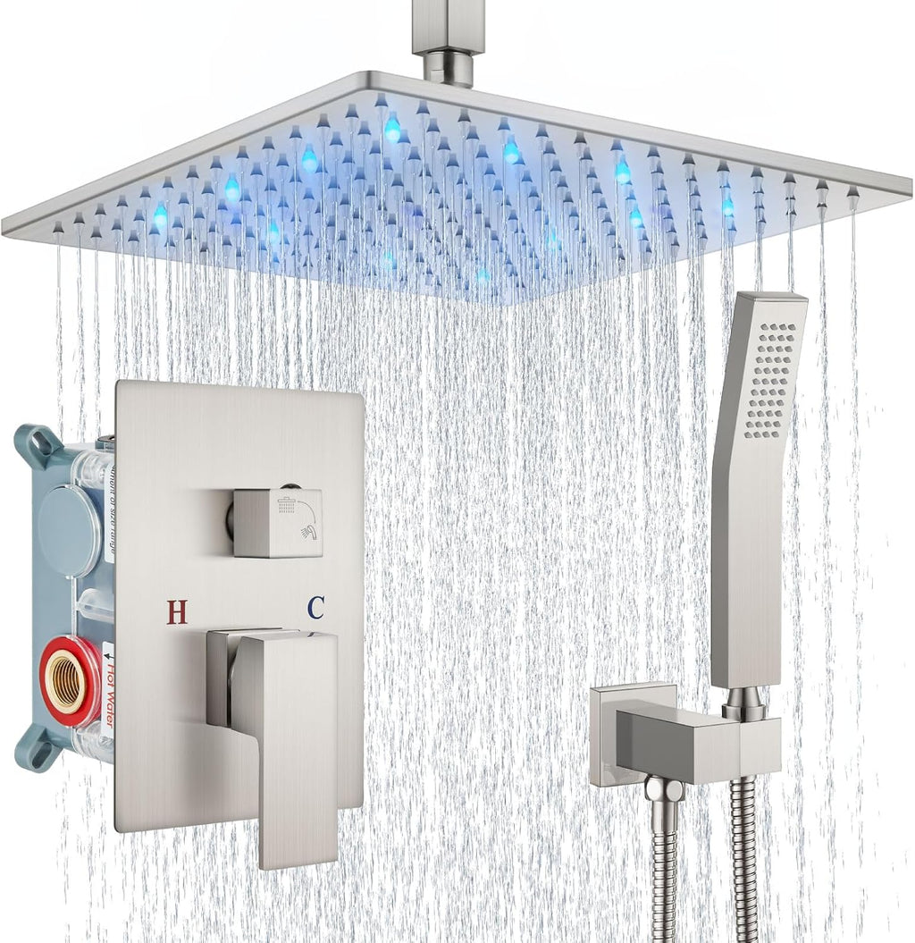 Aolemi Ceiling Mount Shower Faucet Set with Handheld Spray High Pressure Shower Faucets Sets Complete Rough-in Valve and Shower Trim Kit System Included Rainfall Brushed Nickel 12 Inch LED Shower Head